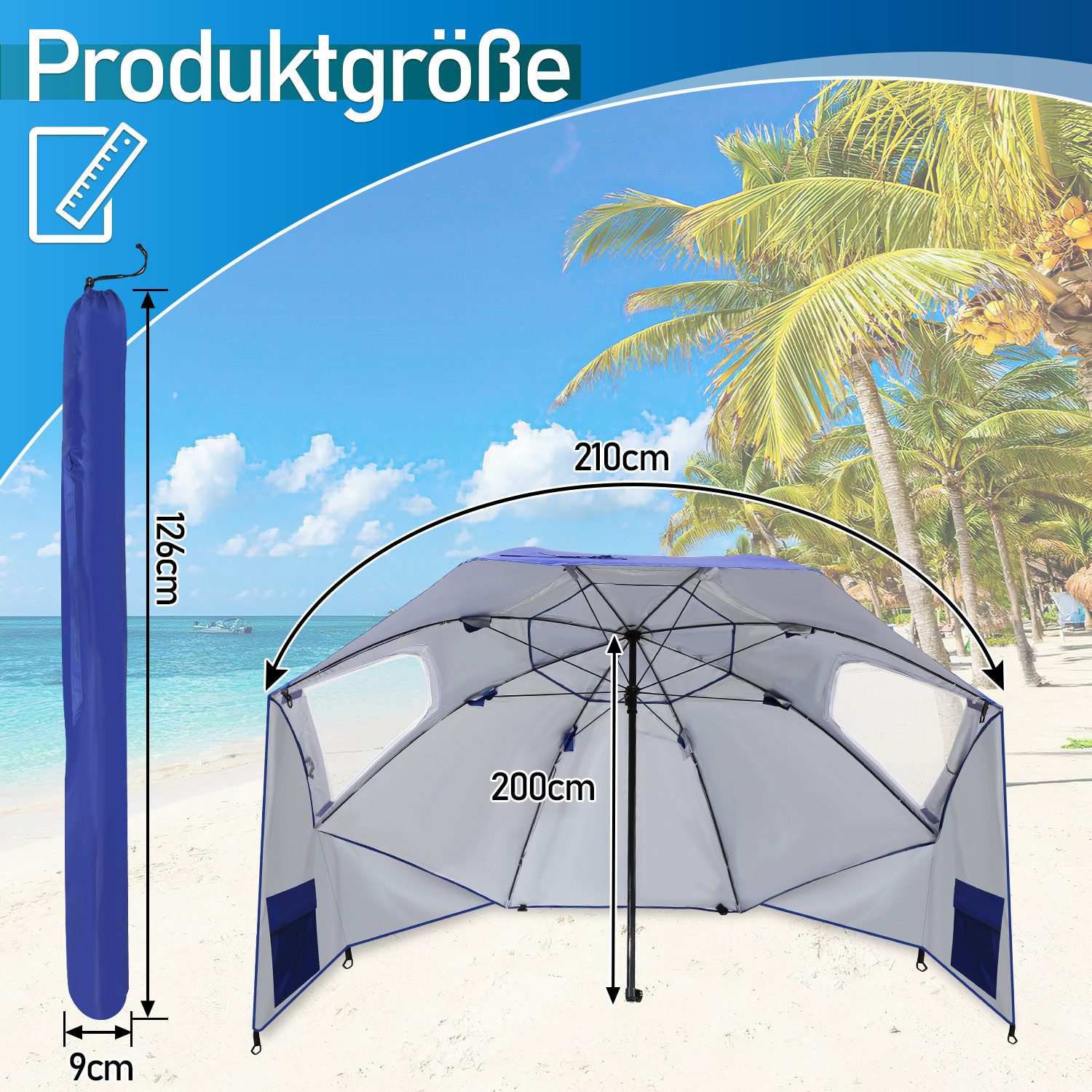 Clanmacy Sonnenschirm Strandschirm 210cm UV Schutz 50+ Neigbar Blau mit Erdspieß & Tasche, LxB: 210x200 cm, Stabiler knickbar/für Garten, Balkon, Terasse/Sonnenschutz UV50+