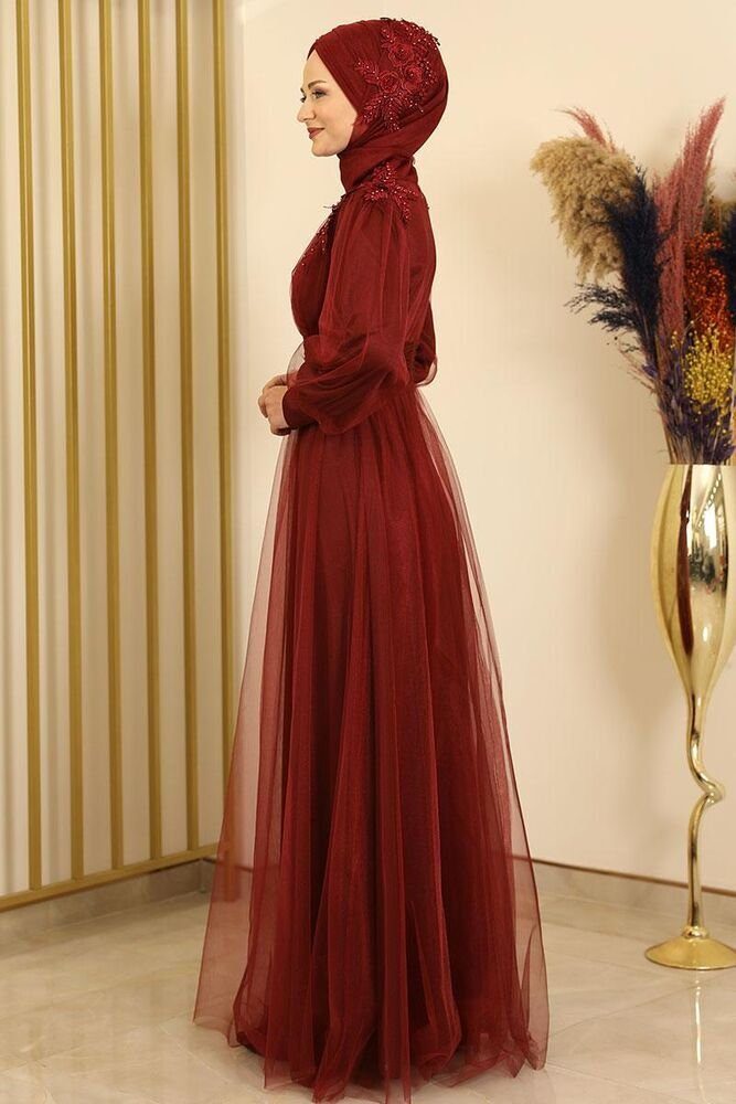 fashionshowcase Tüllkleid Abendkleid mit Blumen Guipure-Details Abiye Abaya - Modest Fashion Maxilänge für besondere Anlässe