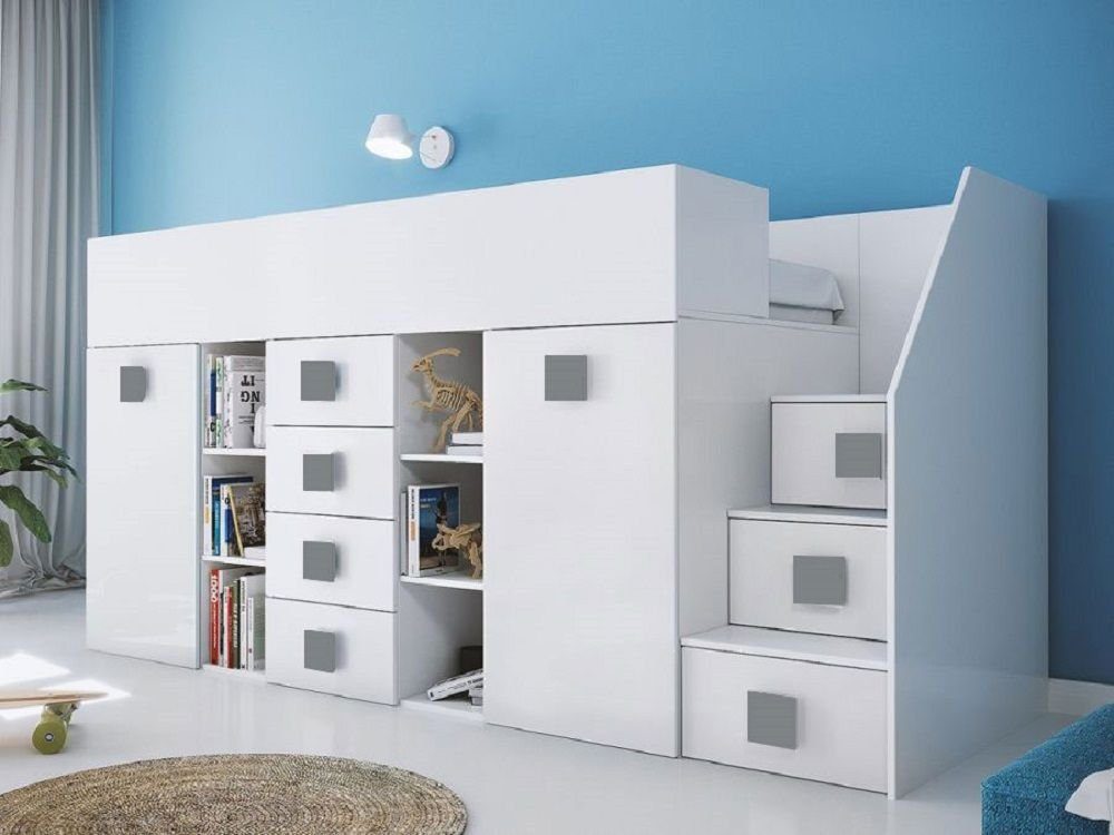 Feldmann-Wohnen Hochbett TOLEDO 3 (Etagenbett mit Schreibtisch + Kleiderschrank) Farbe wählbar - Treppe rechts weiß / weiß Hochglanz - Griffe grau