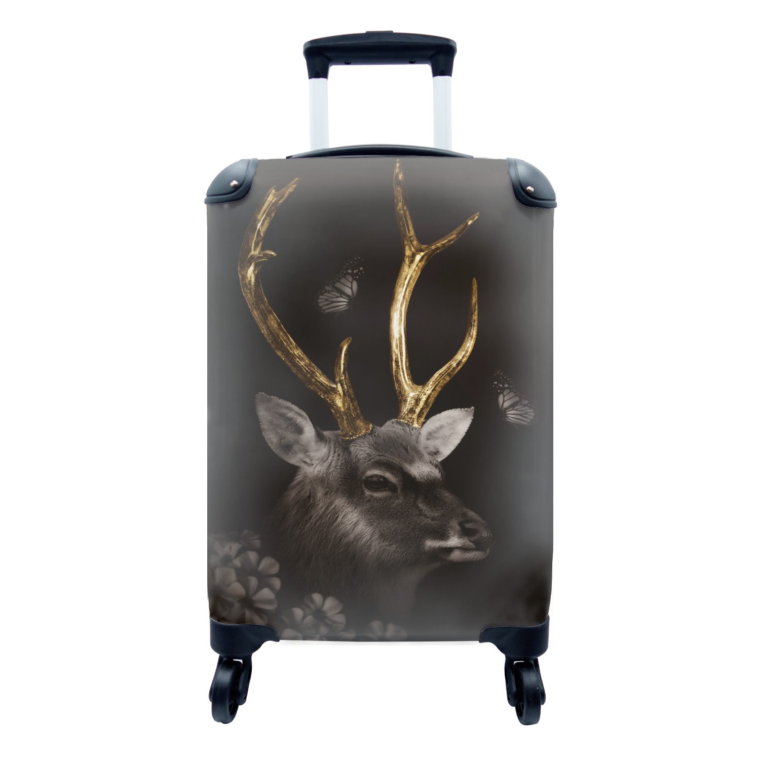 MuchoWow Handgepäckkoffer Hirsch - Schmetterling für Ferien, Reisetasche Schwarz, Rollen, mit - - Gold Handgepäck 4 Trolley, rollen, Reisekoffer