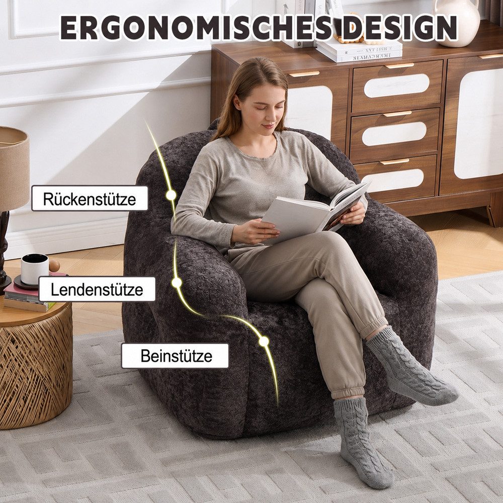 Leawin Relaxliege Sofas Wohnzimmer Loungesessel aus Chenille-Kunstfell weich, Bean Bag Sessel mit Schaumstoffflocken und ohne Montage