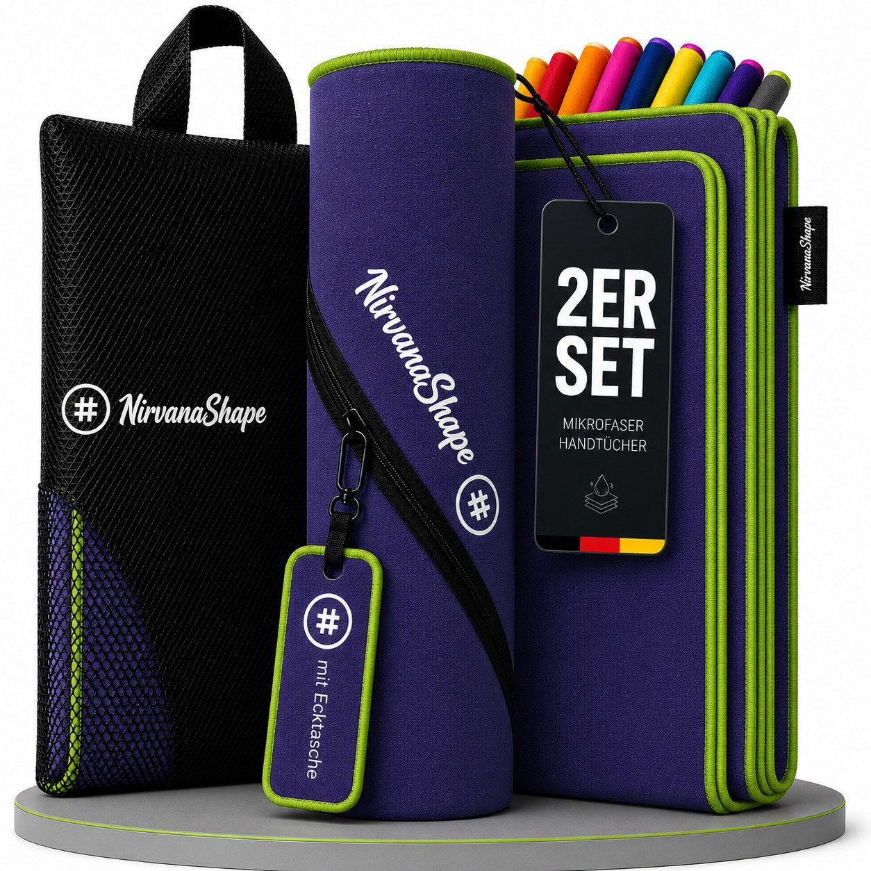 NirvanaShape Reisehandtuch Mikrofaser Handtücher Set, Badehandtuch, Reisehandtuch, Strandtuch, Ecktasche mit Reißverschluss, saugfähig, leicht, schnelltrocknend