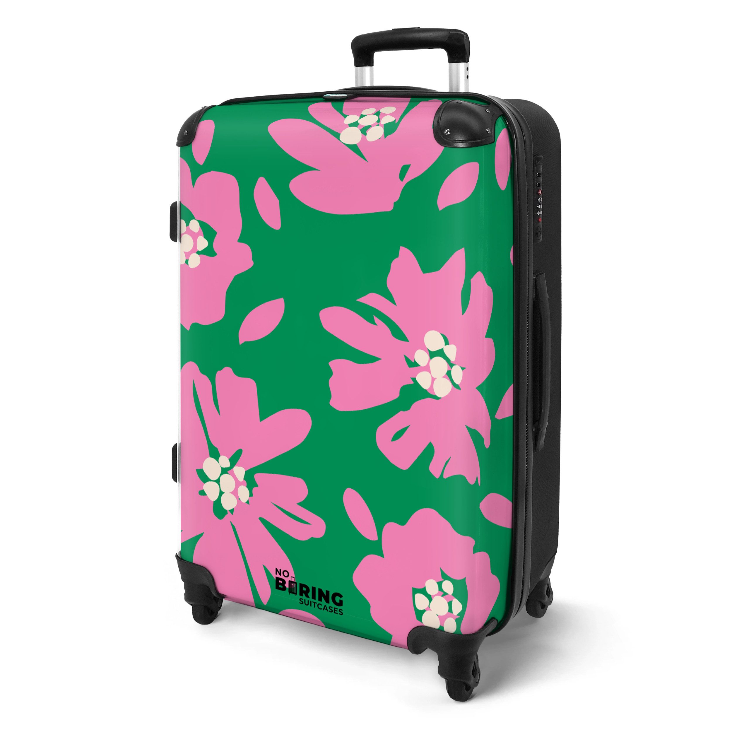 NoBoringSuitcases.com© Hartschalen-Trolley Grün mit rosa Blüten günstig online kaufen
