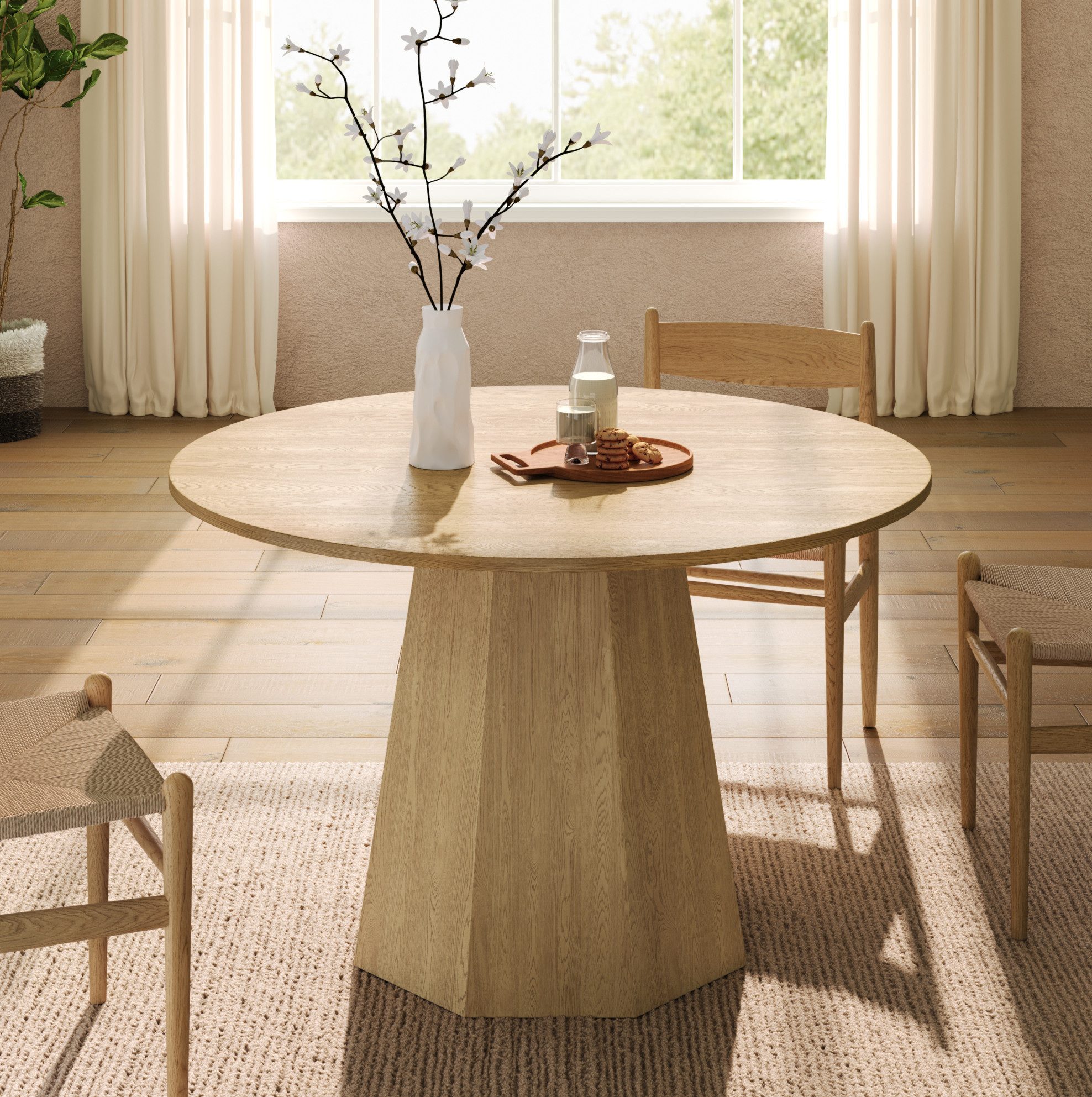 OKWISH Esstisch Runder Essplatz für 4–6 Personen – 120 cm (Packung, 1-St., Eiche, 120×120×75 cm, für Esszimmer & Wohnzimmer), skandinavisches Design, natürliche Maserung