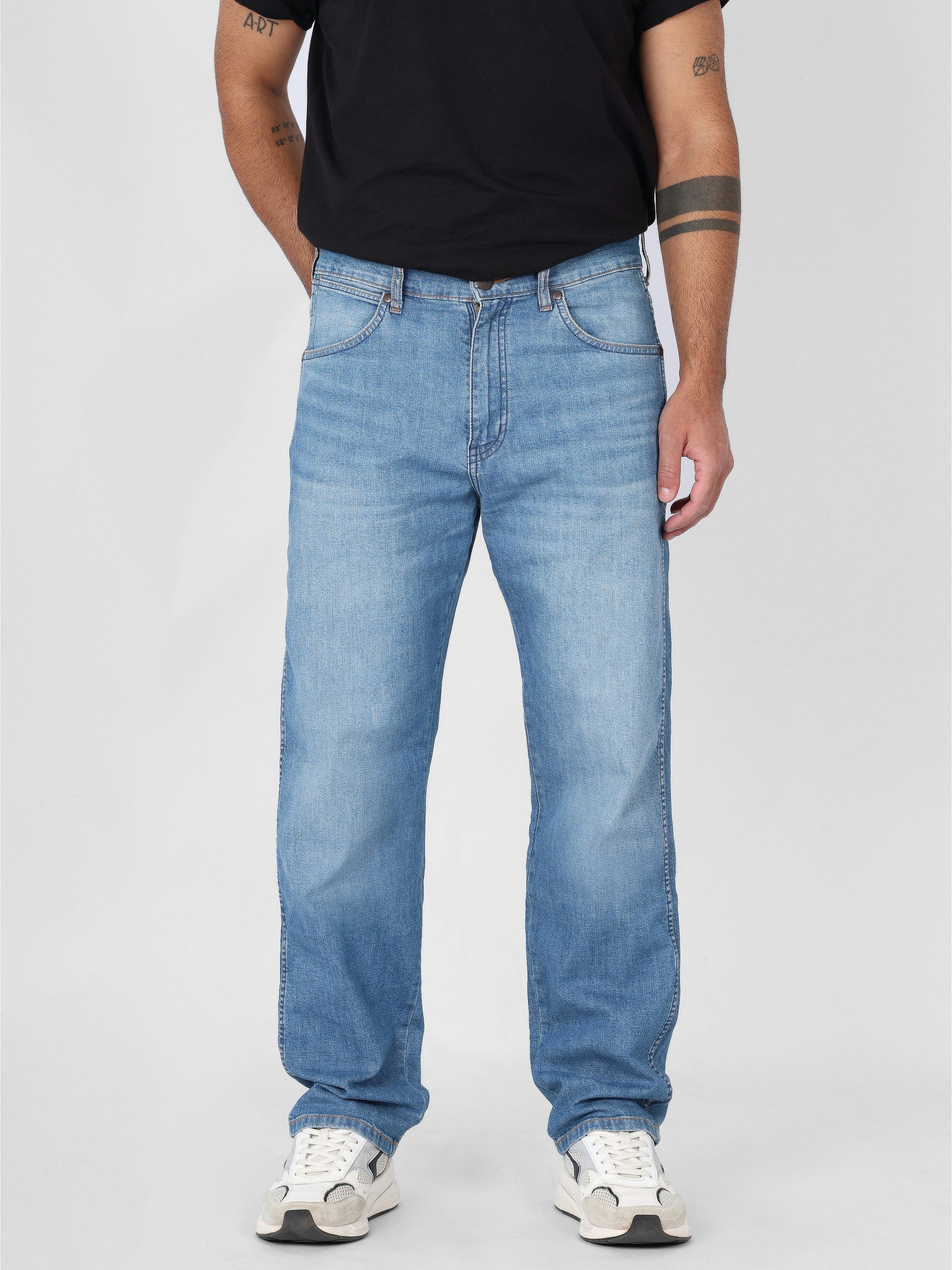 Wrangler Straight-Jeans Relax Loose Fit leichter Denim - FRONTIER COASTAL BREEZE mittlere Leibhöhe, geringer Stretch