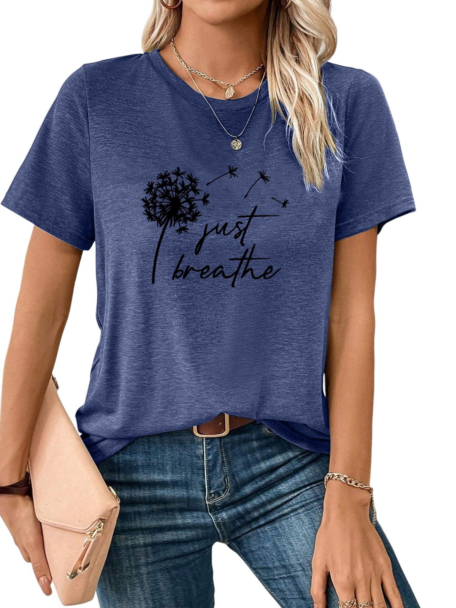 PYLIKE Kurzarmshirt Damen Sommer Casual T-Shirt mit Löwenzahn Print Tee