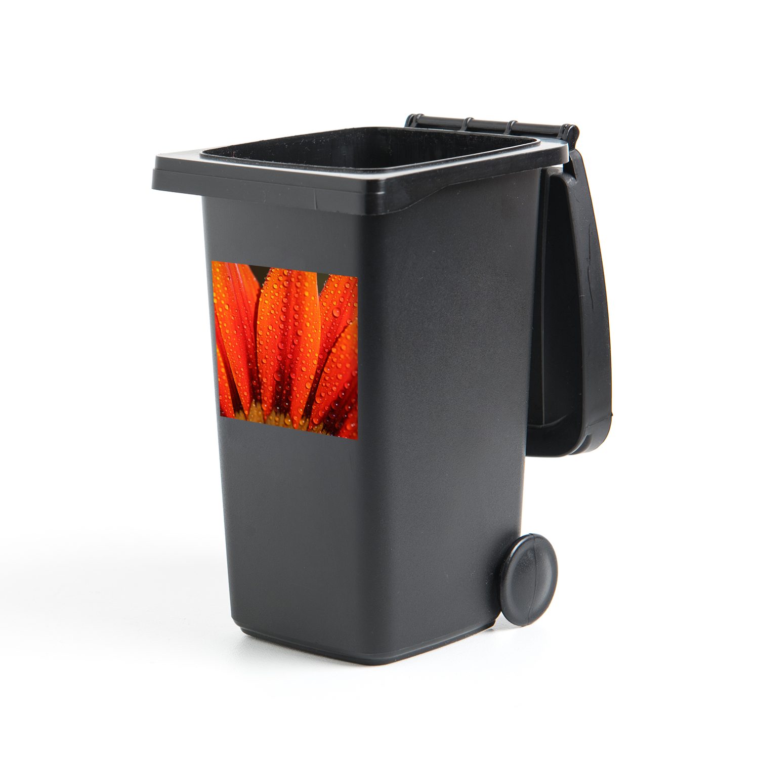 MuchoWow Wandsticker Orangefarbene Blüte mit frühen Tautropfen (1 St), Mülleimer-aufkleber, Mülltonne, Sticker, Container, Abfalbehälter