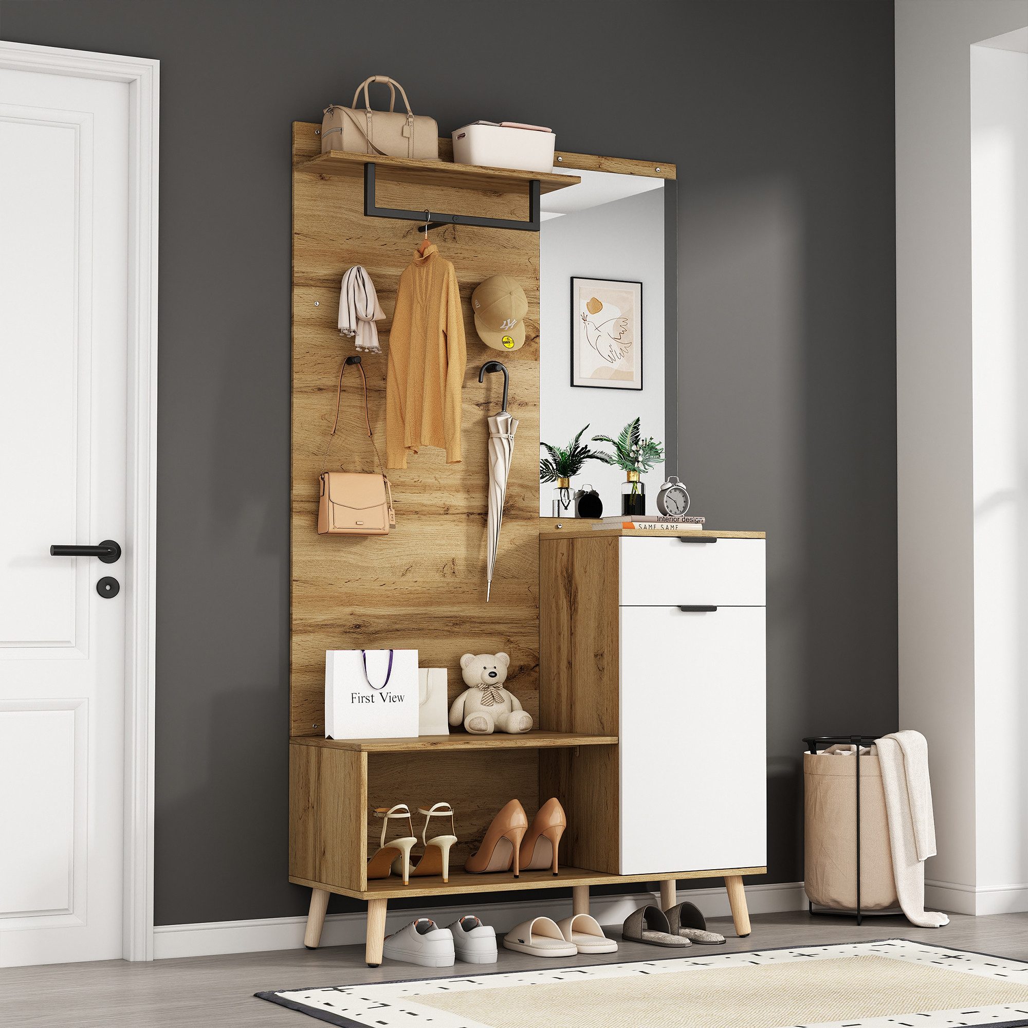 KLAM HOME Garderoben-Set Multifunktionales 190 cm hohes Garderobenset aus Holz mit Spiegel, (Mit Schuhbank, Schuhschrank, Schublade, Regal und Kleiderhaken), Modernes Design mit hydraulischen Scharnieren und praktischem Stauraum