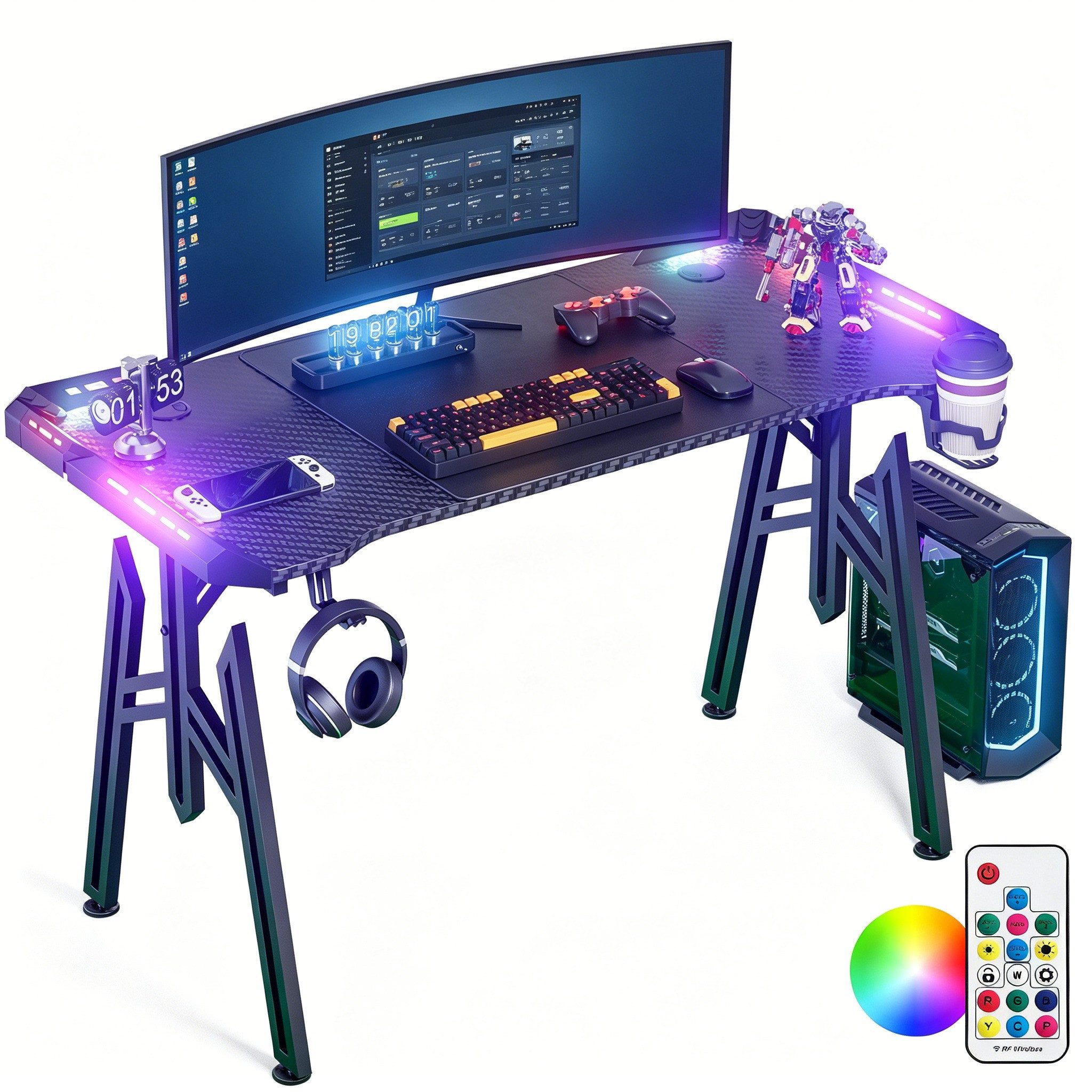 FIVMEN Computertisch Gaming Schreibtisch mit LED M-Frame Computer Tisch Gamingtisch