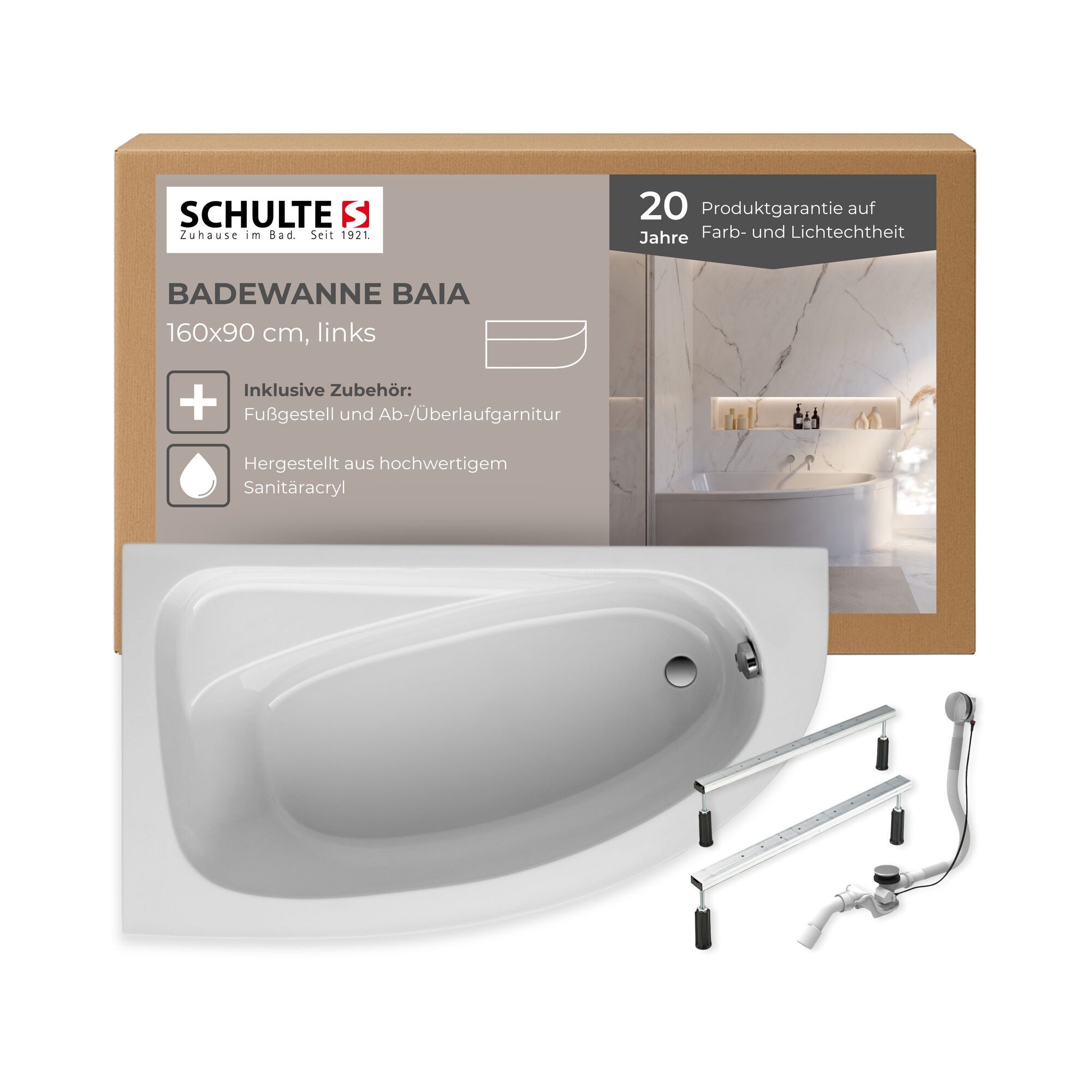 Schulte Badewanne Baia, asymmetrische Form, Sanitäracryl, Weiß, (Komplett-Set), 160x90 cm, mit Fußgestell und Ablauf, Version links