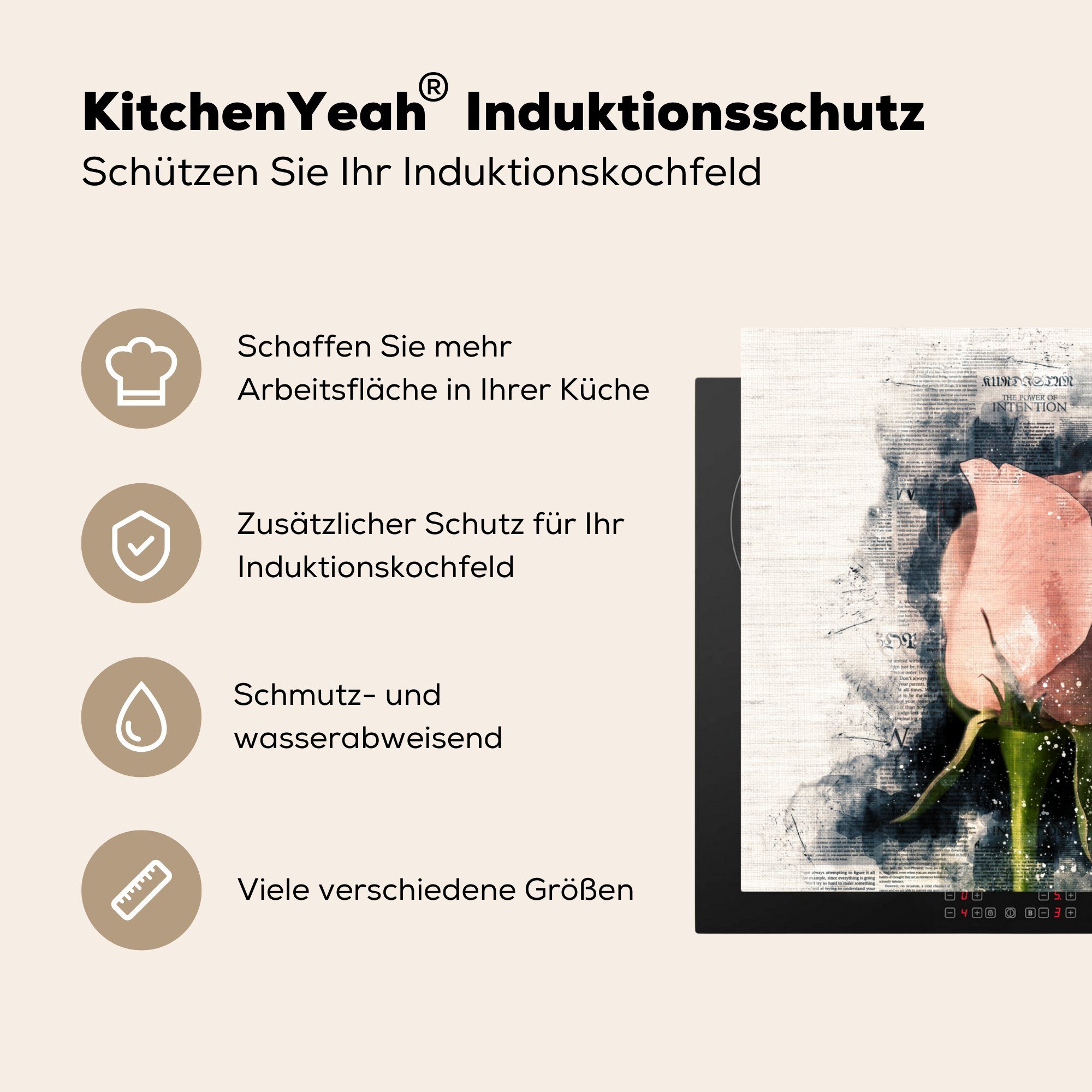 küche 78x78 Ceranfeldabdeckung, Herdblende-/Abdeckplatte tlg), - - Rauch Blumen Arbeitsplatte - MuchoWow Rosen cm, Vinyl, Zeitungspapier, für (1