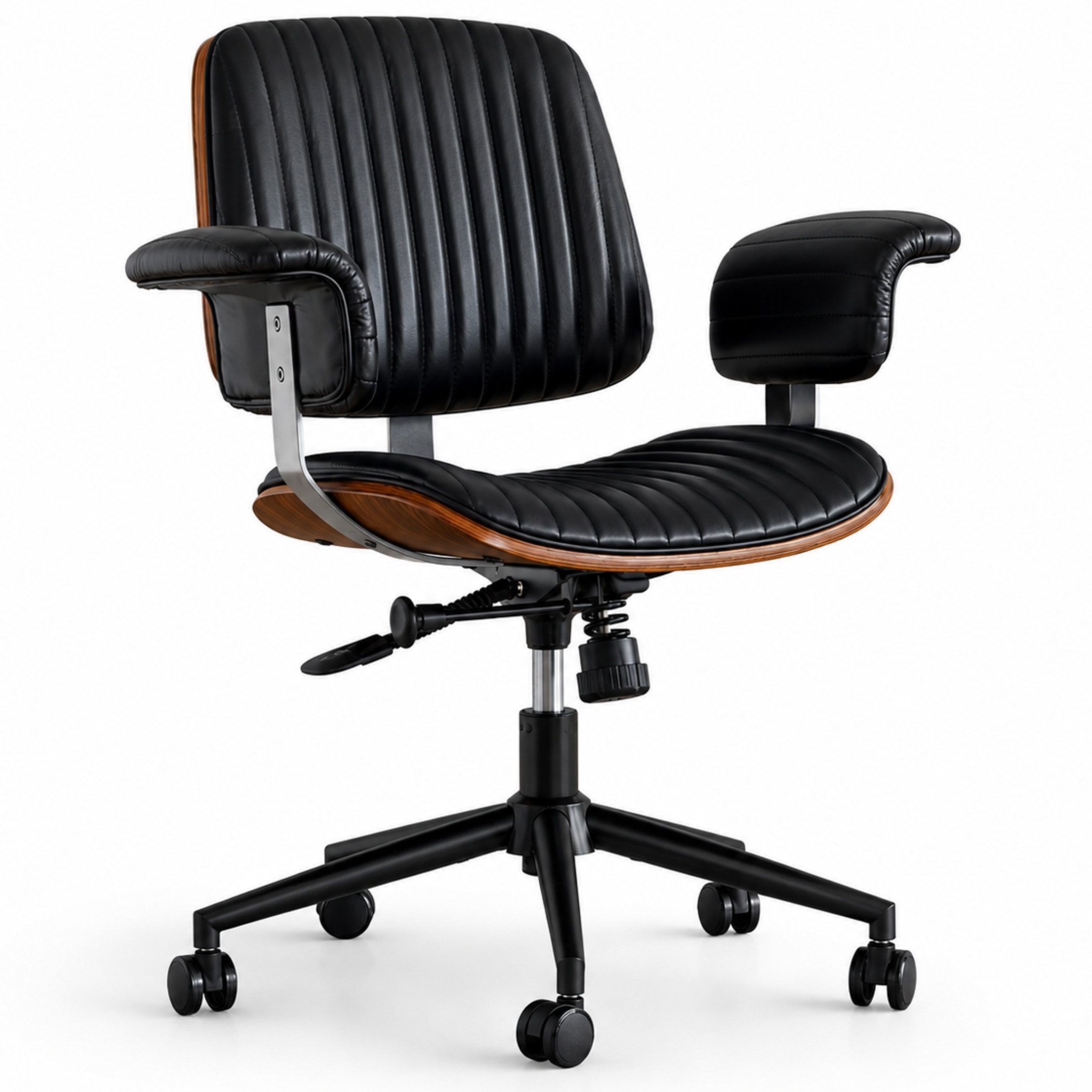 SeedWave Bürostuhl Ergonomischer Drehstuhl Wippbar mit Gebogener Holzschale & Armlehnen, Industrial Design, Home office chair mit Lederbezug, leisen Rollen