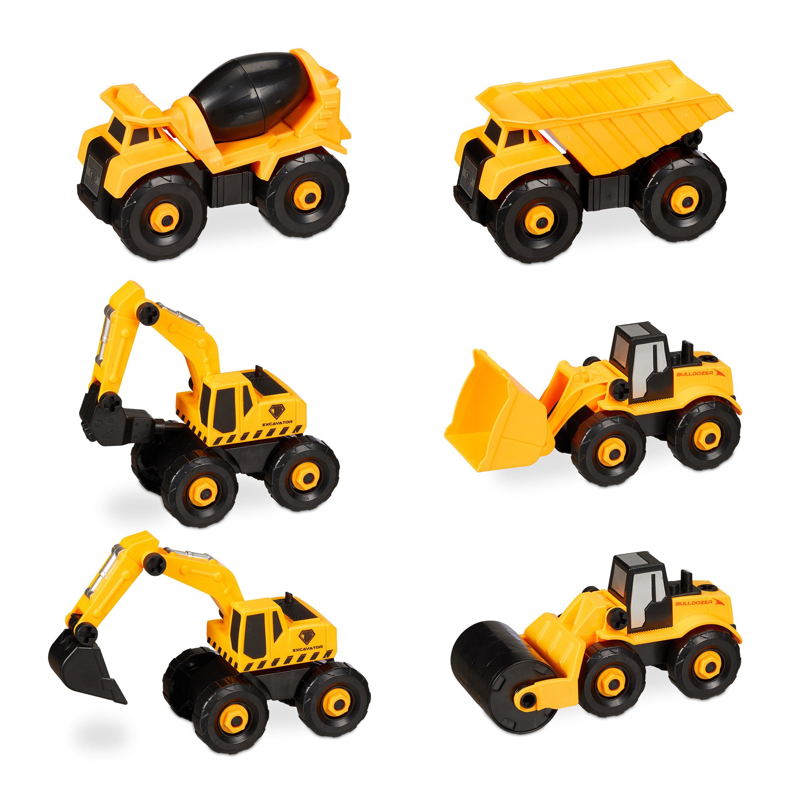relaxdays Spielzeug-Bagger Baustellenfahrzeuge Kinder 6-tlg. Set