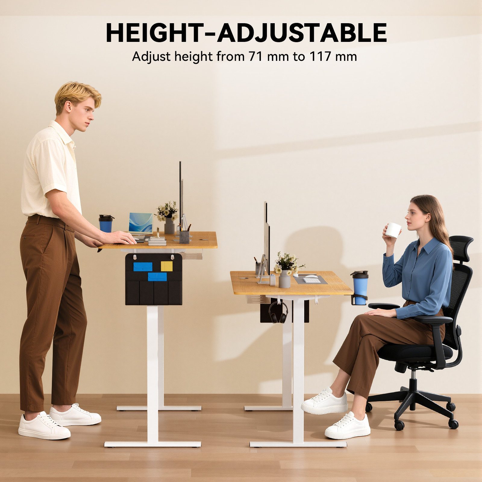 Earthyhome Schreibtisch Elektrisch höhenverstellbar mit 3-Funktions-Memory, mit Kabelmanagement und Haken, Intelligenter Kollisionsschutz – Bild 2 von 5