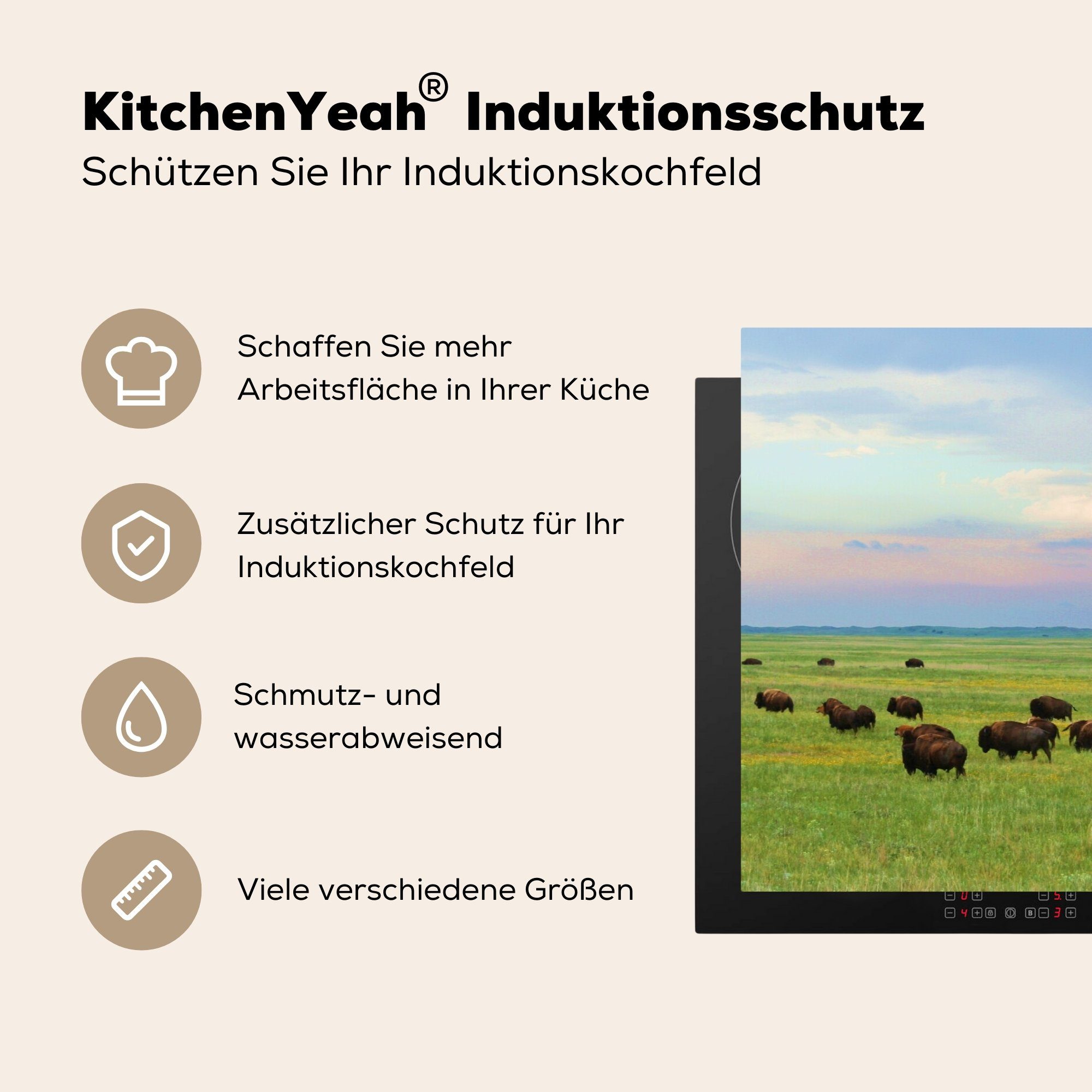 MuchoWow Herdblende-/Abdeckplatte Bisons spazieren Induktionskochfeld Nebraska, im küche, Schutz in 81x52 Gras für Ceranfeldabdeckung Vinyl, die cm, tlg), (1