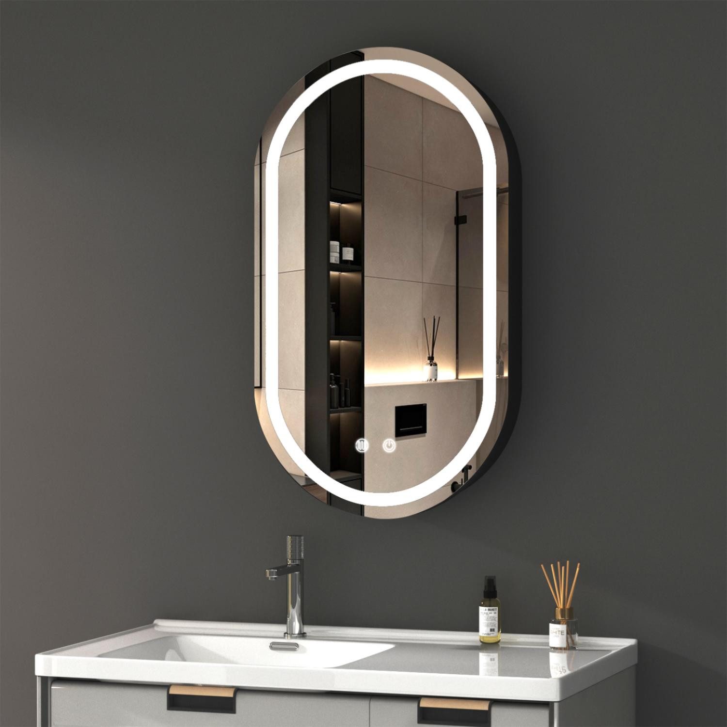 WDWRITTI Badezimmerspiegelschrank Oval Spiegelschrank Schwarz mit Beleuchtu günstig online kaufen