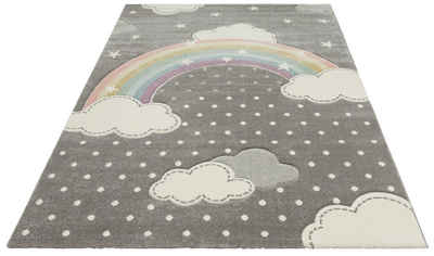 Kinderteppich Regenbogen, Lüttenhütt, rechteckig, Höhe: 13 mm, Kurzflor, Hoch-Tief-Struktur, Wolken, Punkte, Sterne, Pastell-Farben