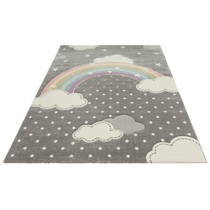 Kinderteppich Regenbogen Lüttenhütt rechteckig Höhe: 13 mm Kurzflor Hoch-Tief-Struktur Wolken Punkte Sterne Pastell-Farben