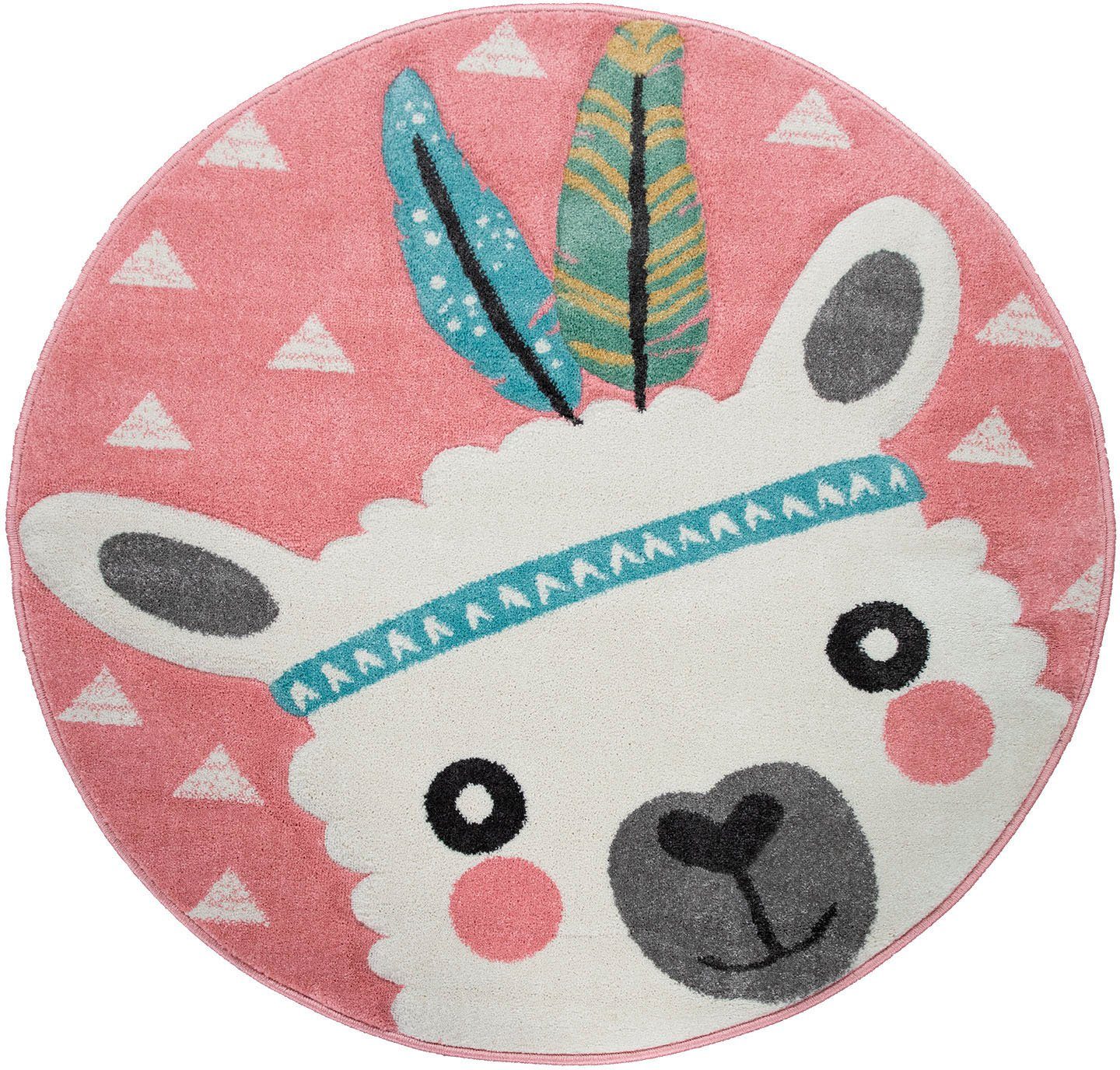 Paco Home Kinderteppich Ela 214, rund, Höhe: 17 mm, 3D-Design, Motiv Lama, Pastell-Farben, Kinderzimmer