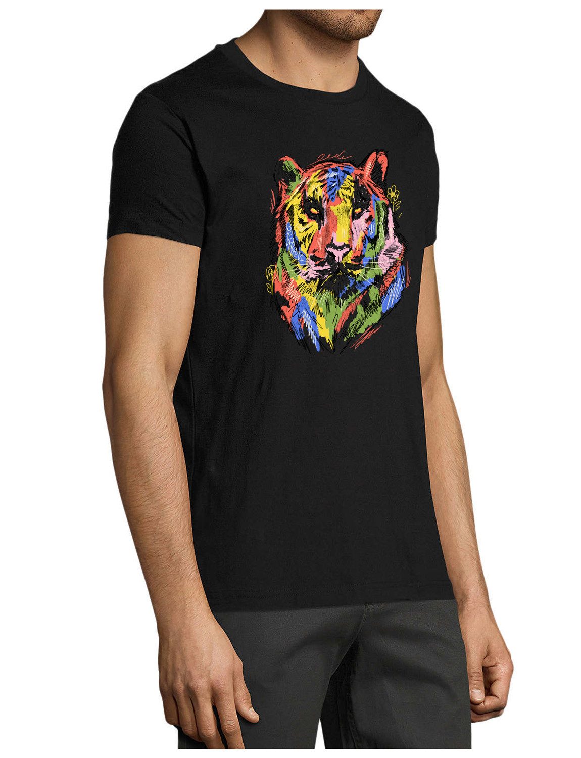 MyDesign24 T-Shirt Herren Print Shirt - Farbenfroher Tigerkopf Brustprint Baumwollshirt mit Tiger Aufdruck Regular Fit i354