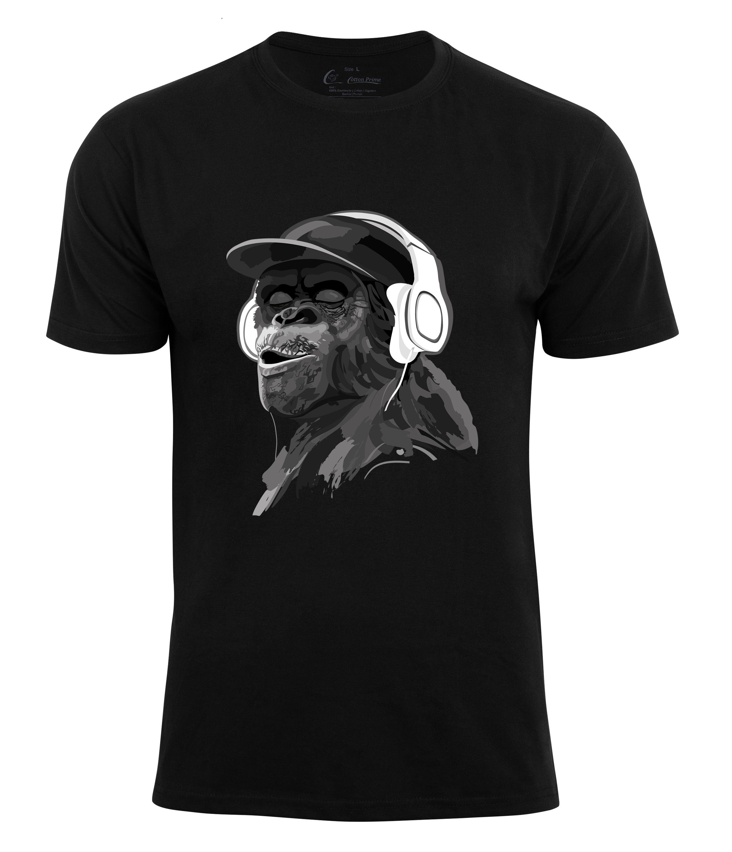 Cotton Prime® T-Shirt mit Affenmotiv - Monkey mit DJ-Kopfhörer schwarz