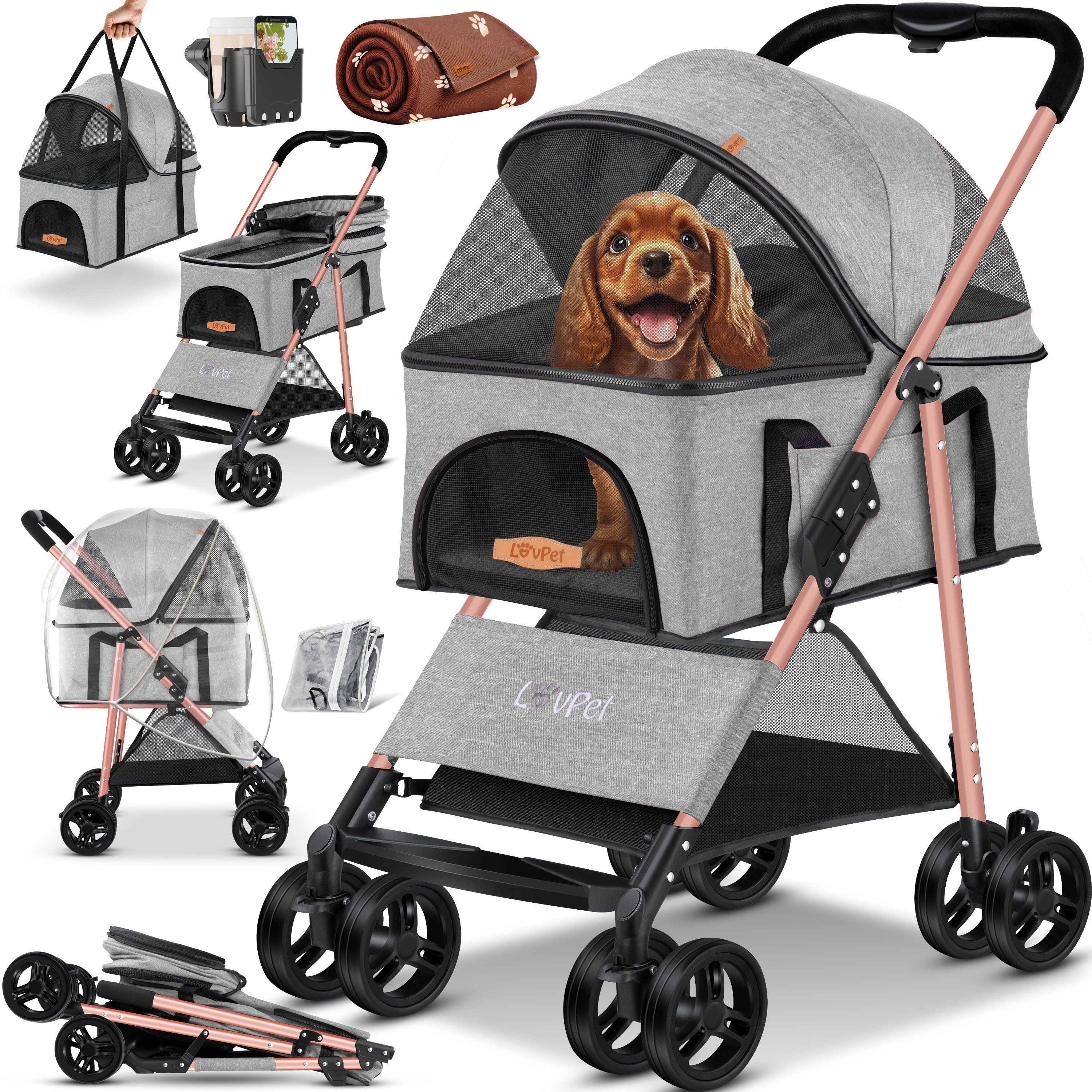 Lovpet Hundebuggy 2in1 Hundewagen max. bis 20kg Buggy für Haustiere, (Hundebox & Tasche mit Regenschutzabdeckung Getränkehalter Kuscheldecke), Haustier- & Katzenbuggy faltbar & klappbar mit Netzfenster