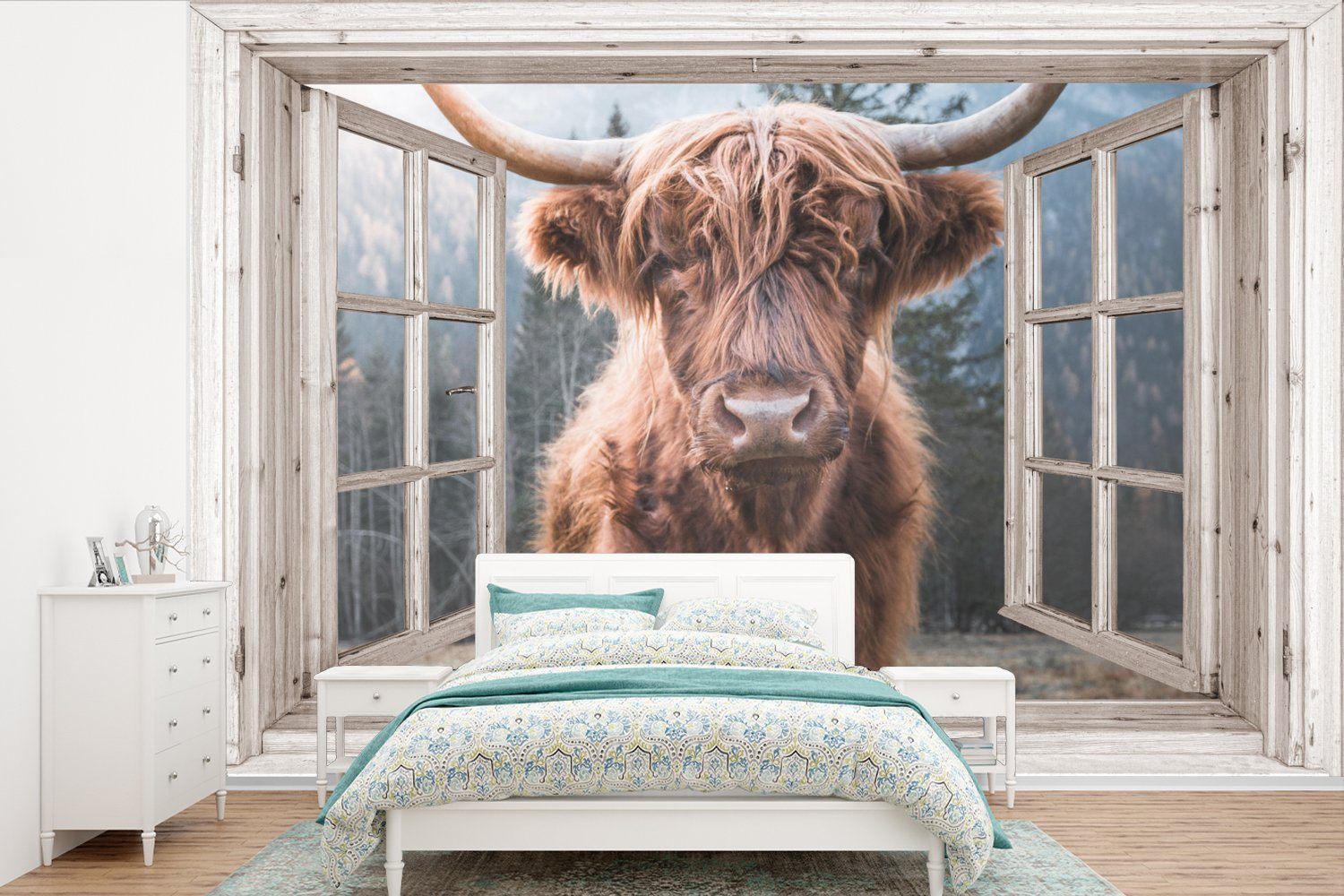MuchoWow Fototapete Schottischer Highlander - Kuh - Berg - Aussicht, Matt, bedruckt, (6 St), Wallpaper für Wohnzimmer, Schlafzimmer, Kinderzimmer, Vinyl Tapete