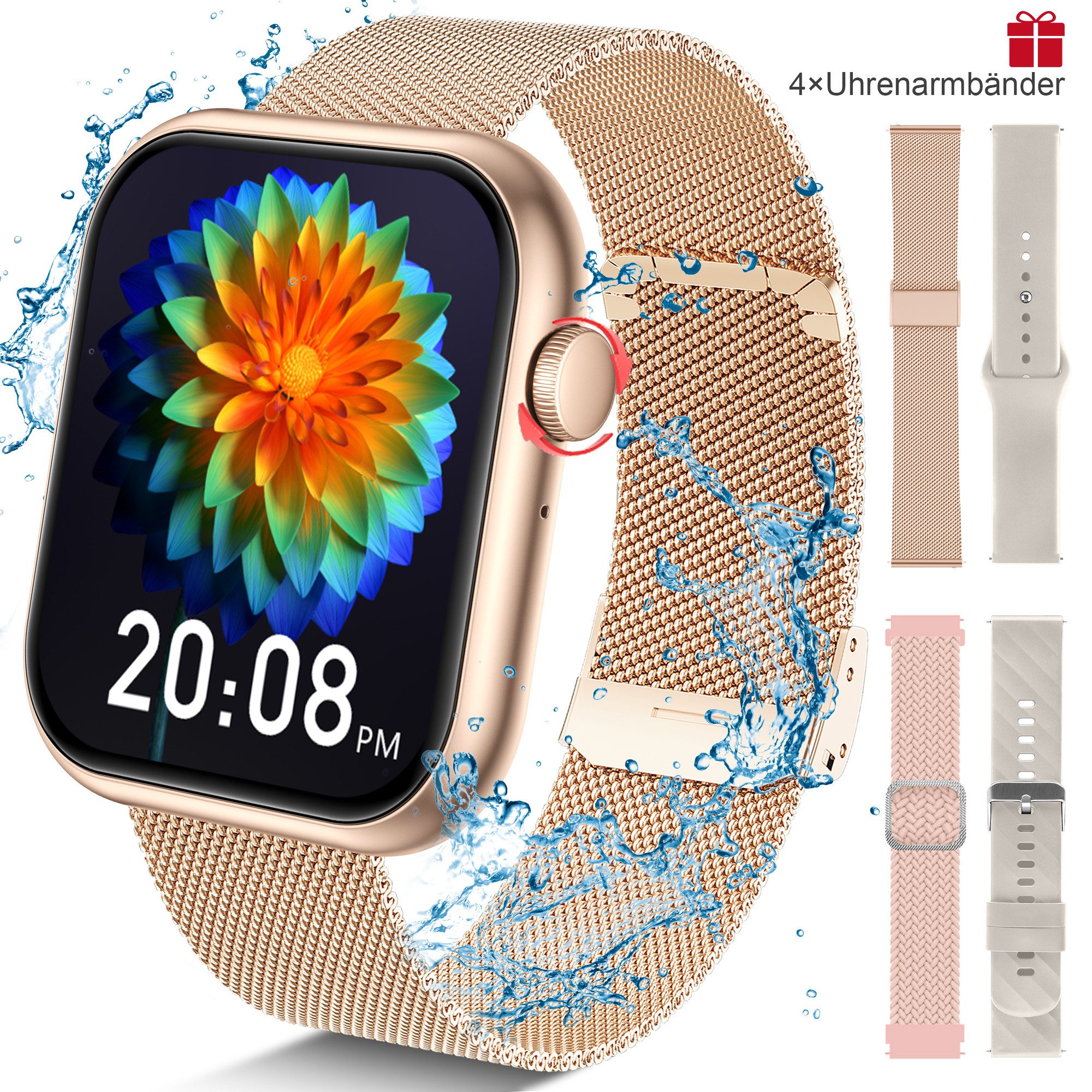 BRAIDOL Smartwatch,Fitness Tracker uhr für Damen Herren mit Telefonfunktion Smartwatch (5 cm/1,96" HD Voll Touchscreen Zoll), 4 Austauschbare Armbänder