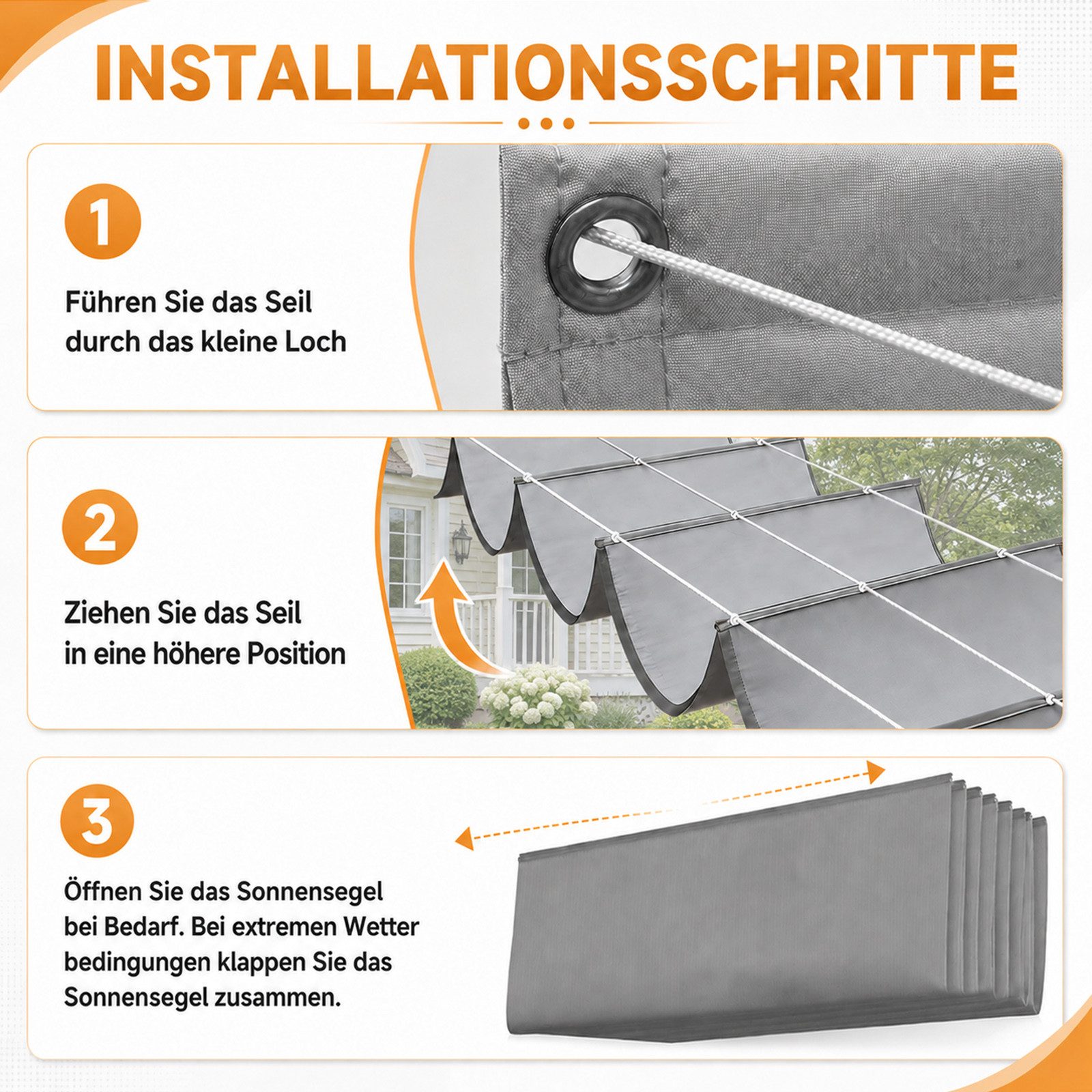 Rosnek Sonnensegel mit Ösen, 95% UV-Schutz, wasserdicht & windfest, Wellenförmiges Schattendach für Garten, Terrasse & Balkon