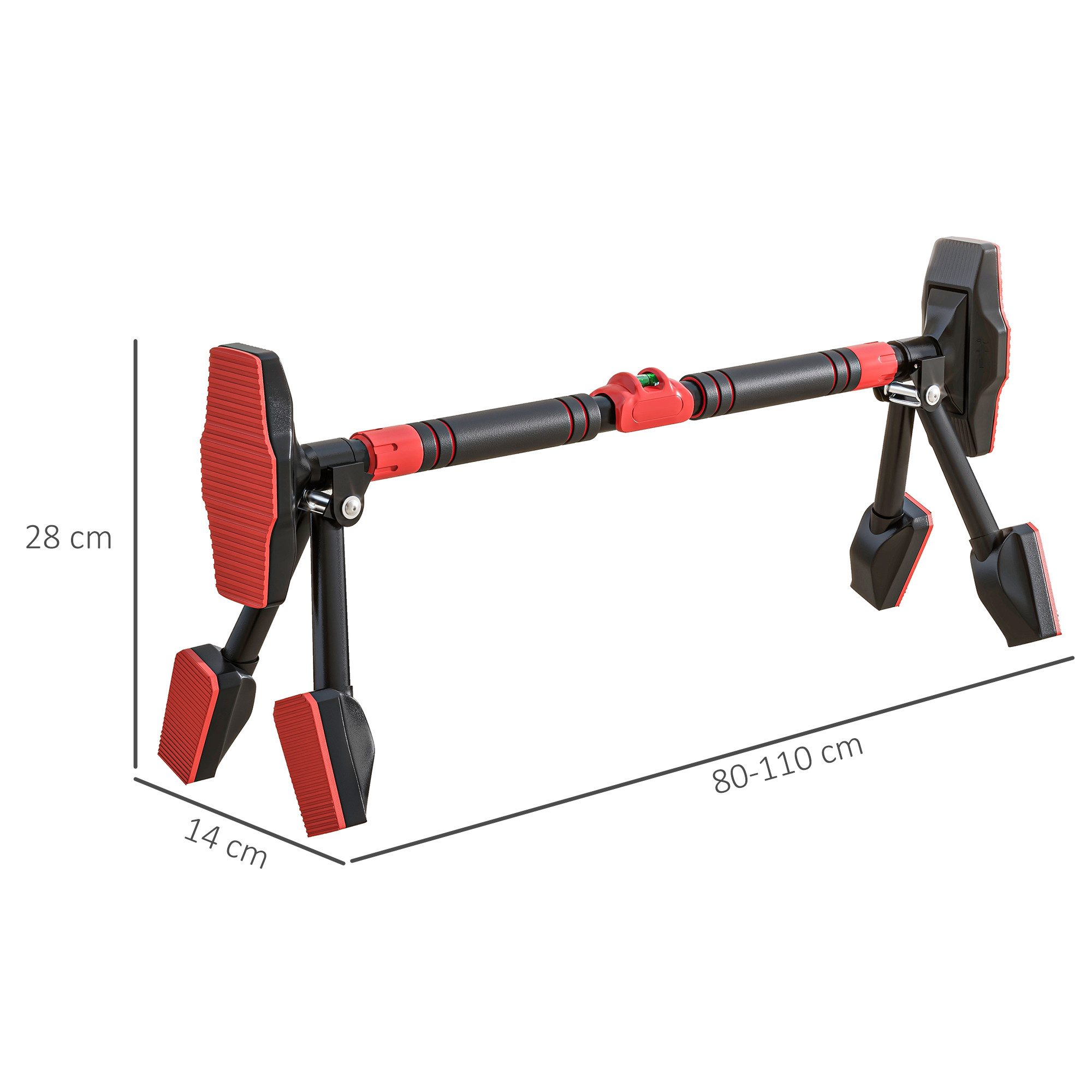 SPORTNOW Klimmzugstange verstellbar, mit Pegelmessgerät, für Türrahmen, mit Dreiecksstütze (Klimmzüge, 1-tlg., Klimmzugmaschine), 110cm x 14cm x 28cm, Schwarz+Rot
