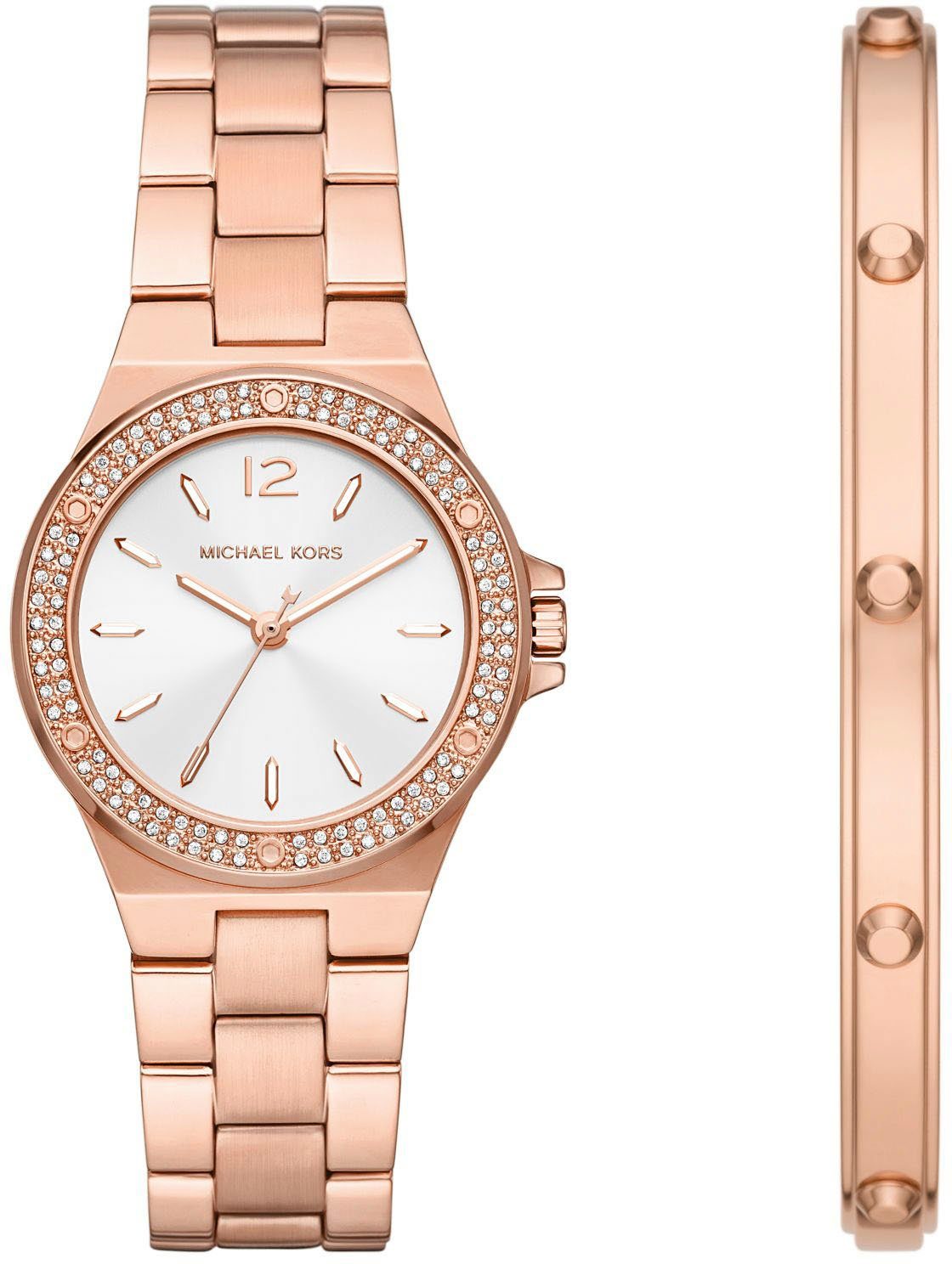 MICHAEL KORS Quarzuhr LENNOX MK1073SET, (Set, 2-tlg., mit passendem Armschmuck), Armbanduhr, Damenuhr, ideal auch als Geschenk, Edelstahlarmband