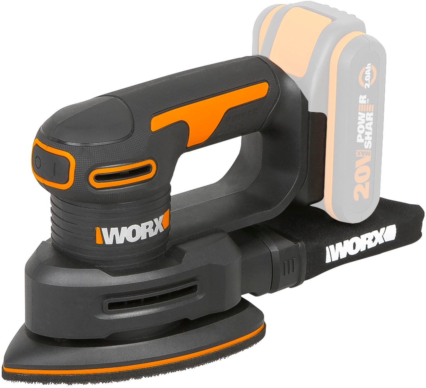 Worx Akku-Tellerschleifer WX822.9, für Holzmöbel und Türen, mit Staubfangsack, ohne Akku & Ladegerät