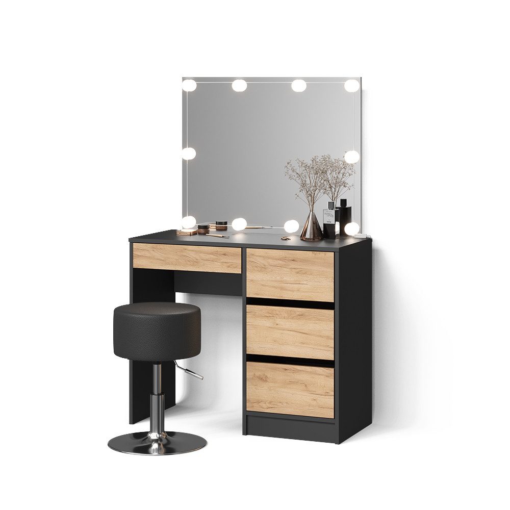 Livinity® Schminktisch Imola, Anthrazit/Goldkraft Eiche, mit LED Beleuchtung und Hocker