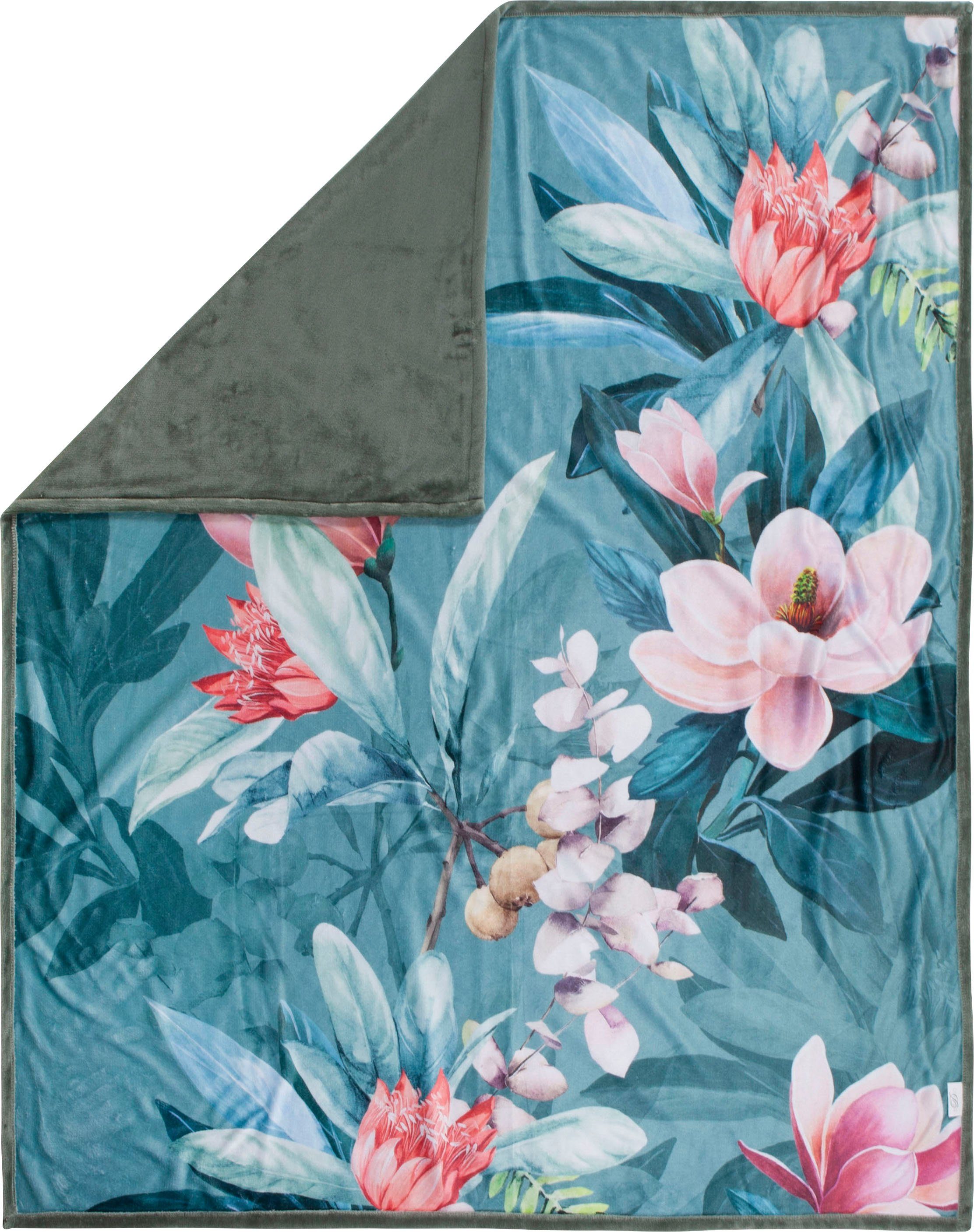Plaid Parler, Descanso, Sehr Weich, Kuscheldecke, 130x160 cm, Wendeoptik, Blumen, Grün