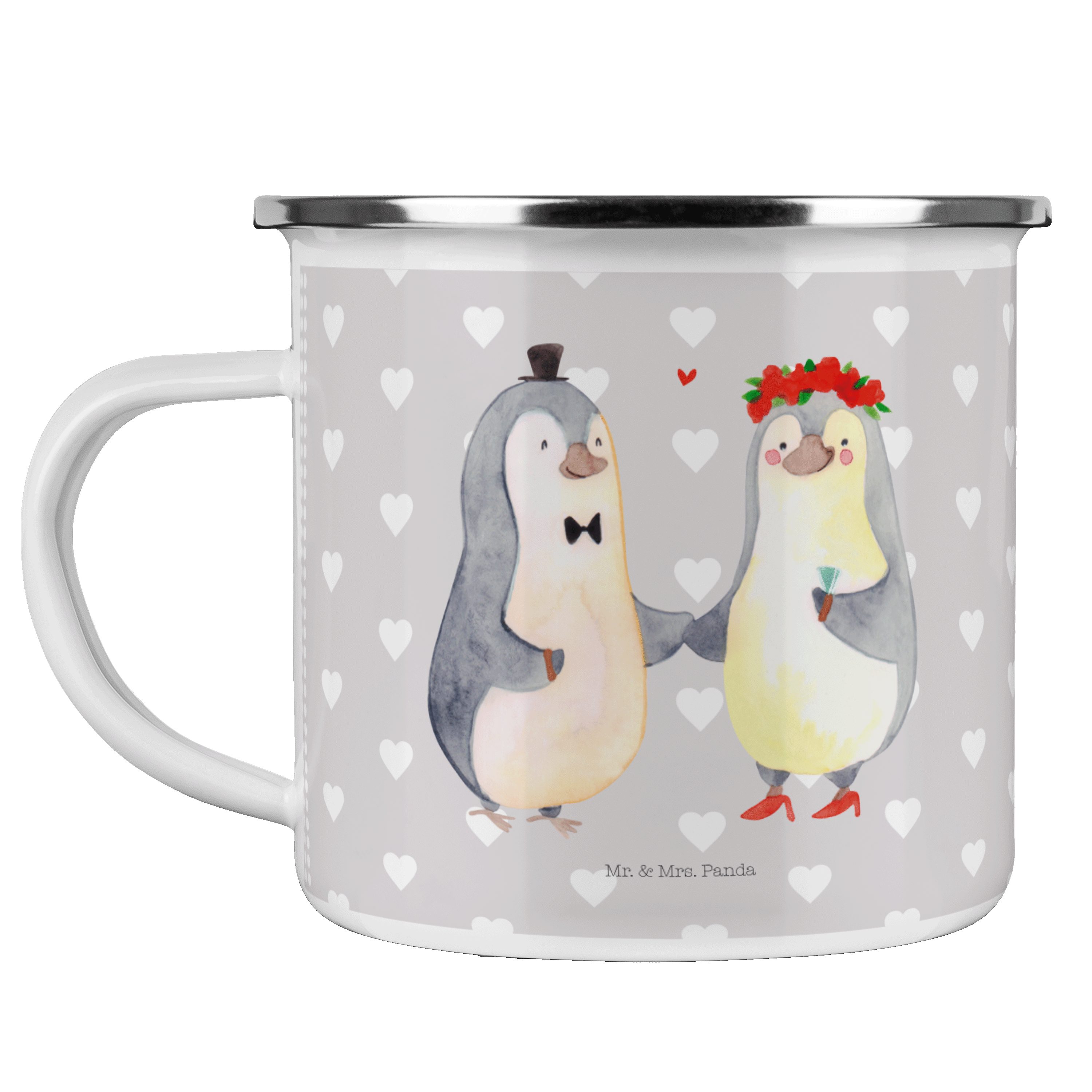 Mr. & Mrs. Panda Becher Pinguin Heirat - Grau Pastell - Geschenk, Bräutigam, Metalltasse für, Emaille
