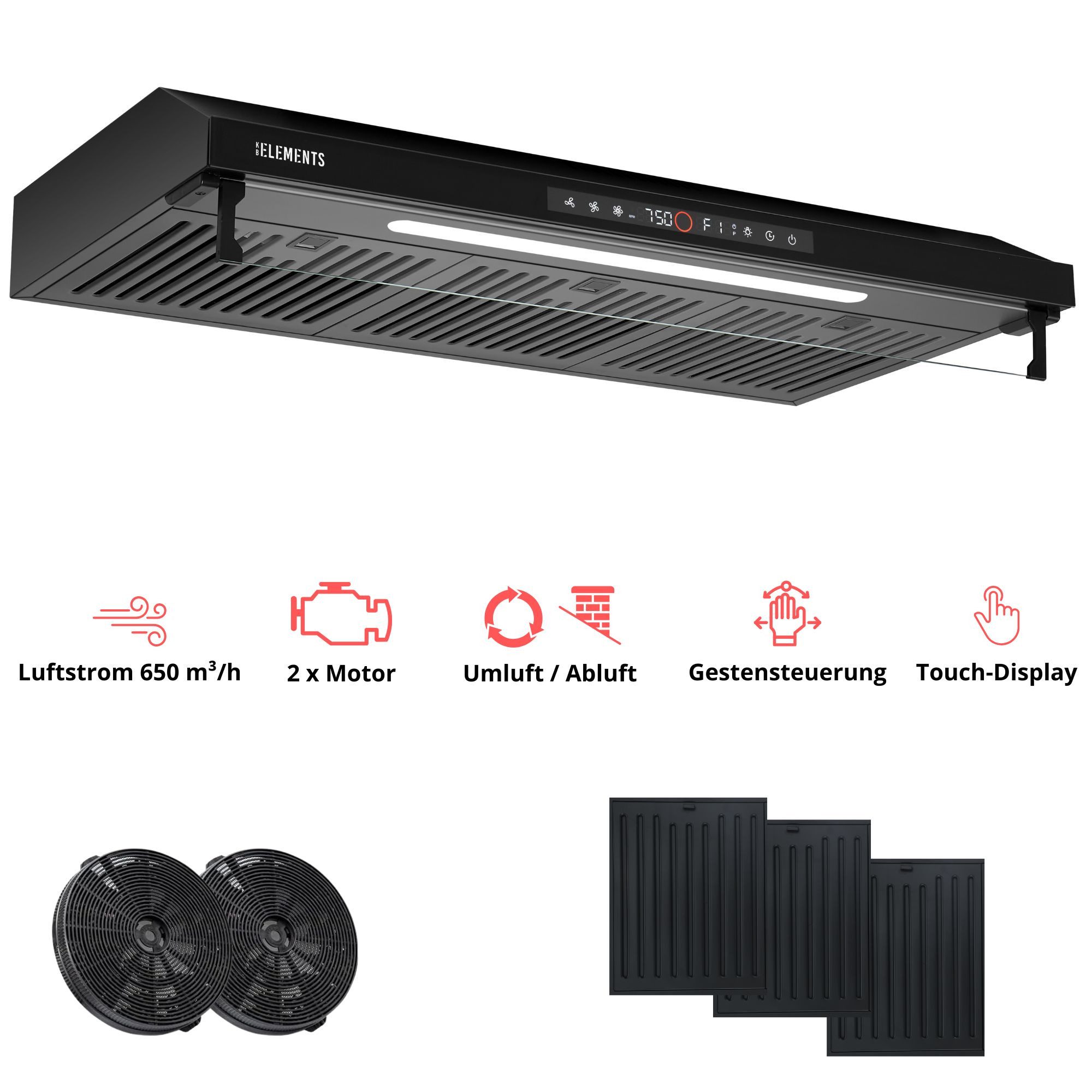 KB Elements Unterbauhaube Doppelter motor 2 x 80 Watt, 650 m³/h Absaugleistung Doppelter motor, Touch / Gestensteuerung
