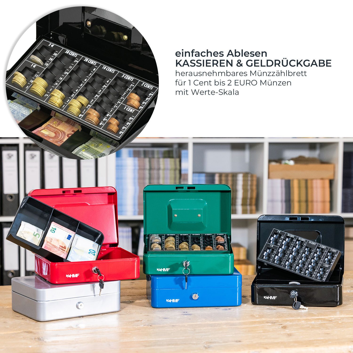 HMF Geldkassette Bargeldkasse mit herausnehmbarem Münzzählbrett und Scheinfach, robuste Geldbox mit Schlüssel, 25 x 18 x 9 cm, schwarz