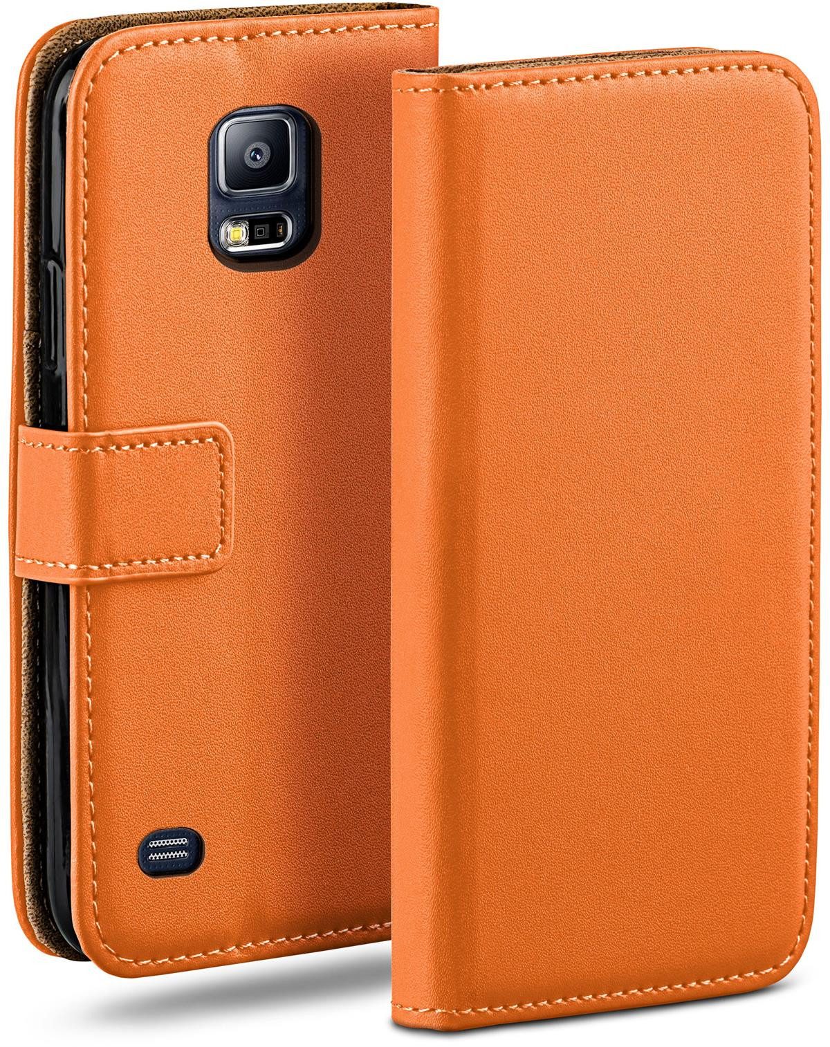 moex Handyhülle für Samsung Galaxy S5 Hülle Klappbar Book Case Orange 5,1 Zoll, Klapphülle Kartenfach Flip Cover Handytasche Leder Optik Schutzhülle