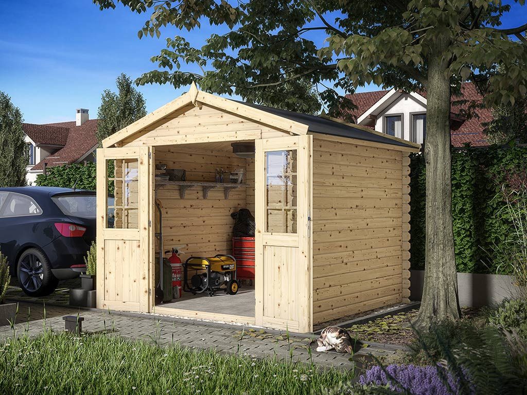 Woodtex Gartenhaus Gartenhaus Blockbohlenhaus CA2871 28 mm naturbelassen, BxT: 260x248 cm, 28 mm Wandstärke, Doppeltür mit Echtglas-Einsätzen