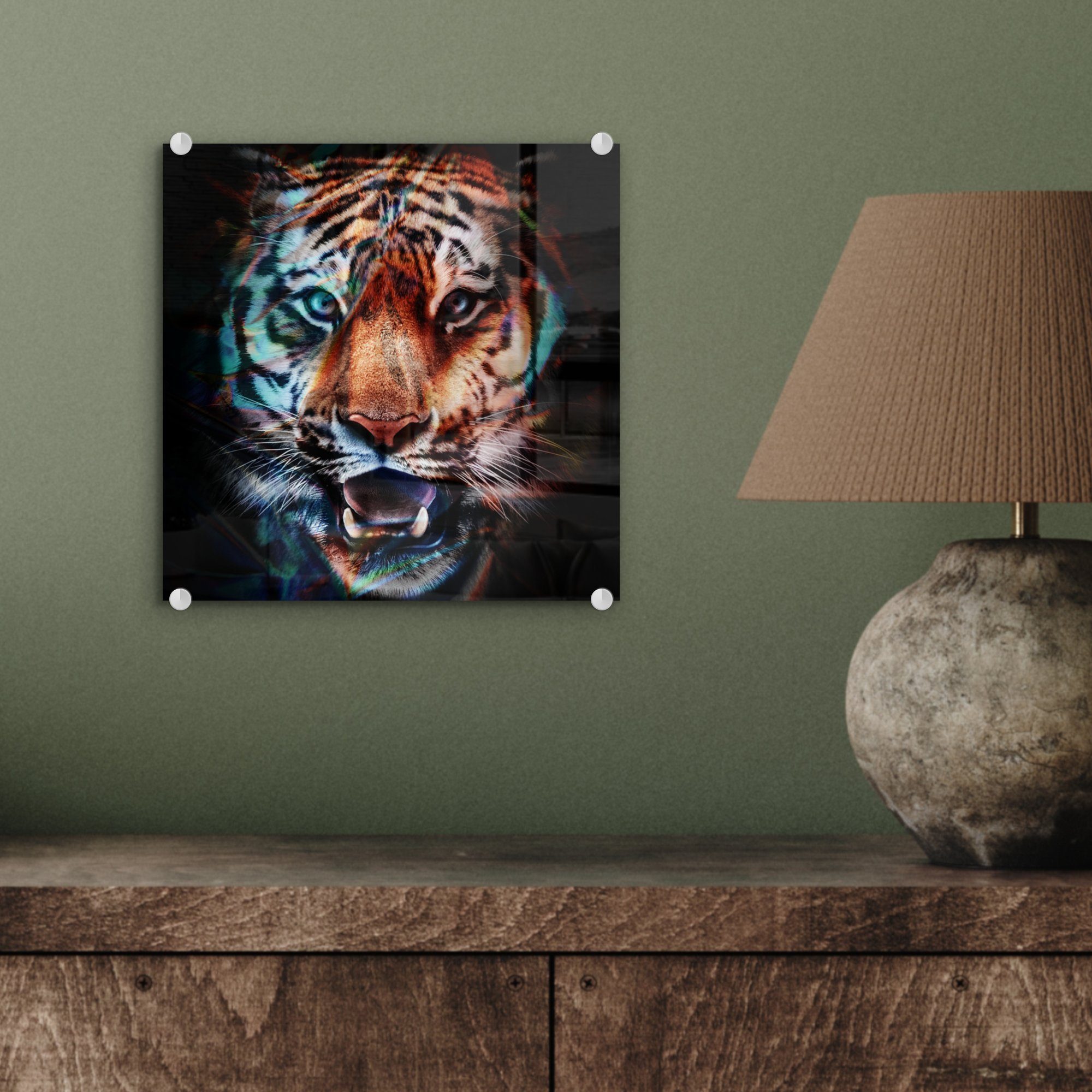 MuchoWow Acrylglasbild Tiger - auf Foto - Wanddekoration (1 Glas Wandbild - Bilder - St), Farben Glasbilder - auf Tier, Glas