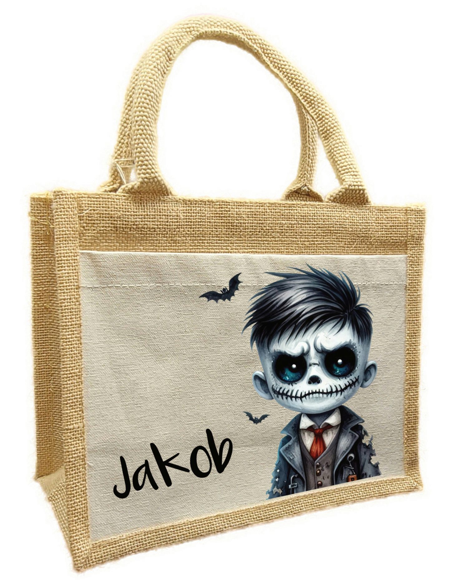 Korbtasche Halloween Tasche Junge Skelett, Sammeltasche aus Jute, 26 x 35 x 14 cm