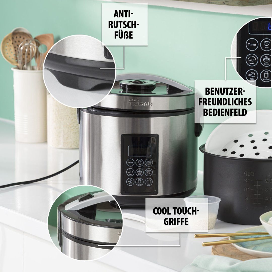 Tristar Reiskocher Tristar RK-6138 Digitaler Reiskocher und Dampfgarer - 2,2 L Fassungsve, 900 W, 2.2 l Kapazität - Warmhaltefunktion bis 24 h