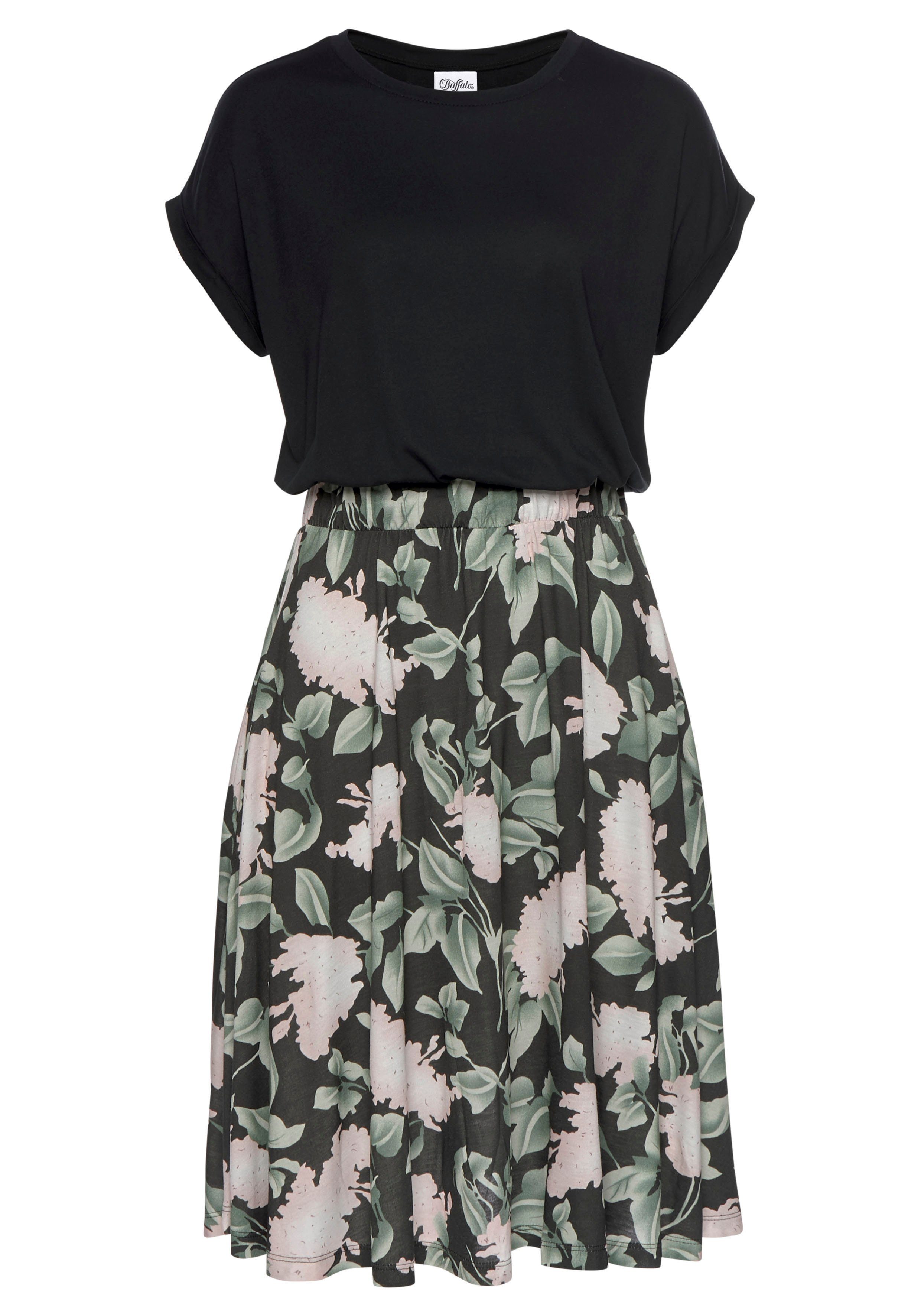 Buffalo Jerseykleid mit Paperbag-Bund und bedrucktem Rock, kurzes Sommerkle günstig online kaufen