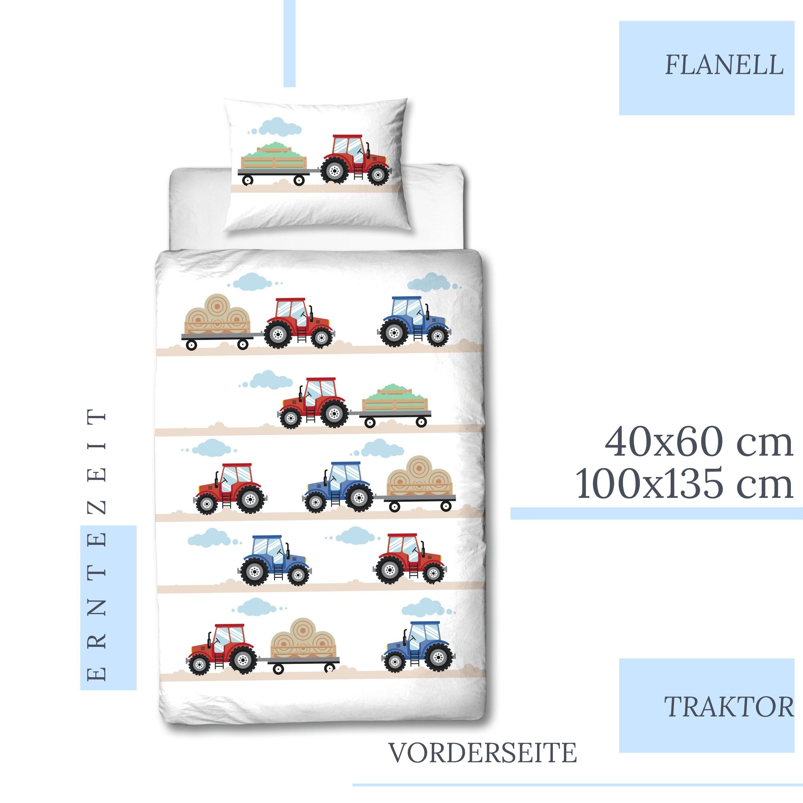 MTOnlinehandel Babybettwäsche Traktor 100x135 + 40x60 cm, 100 % Baumwolle, Biber, 2 teilig, soft und kuschelweich für Babys und Kleinkinder