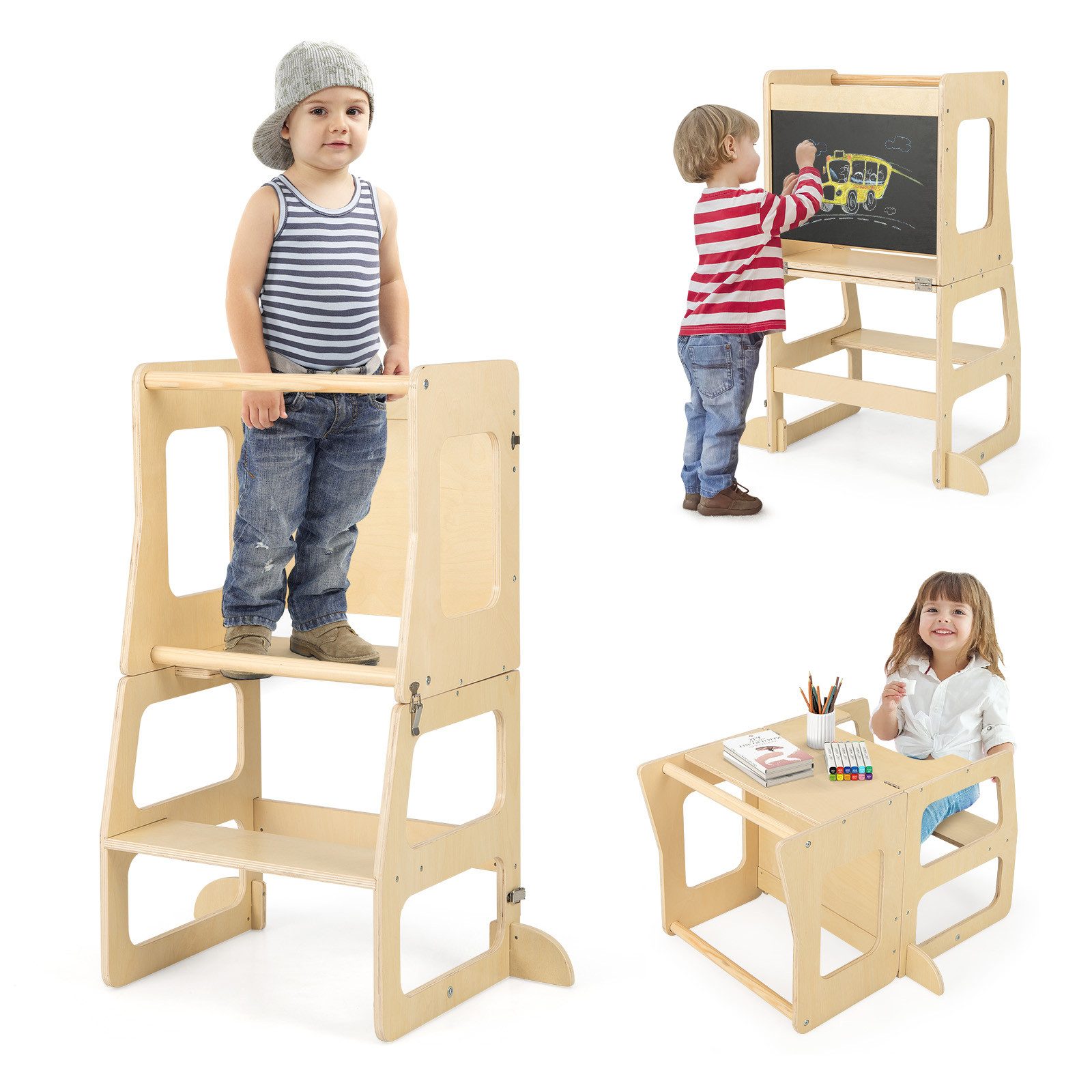 COSTWAY Tritthocker, 3 in 1 Kinder Tafel, Kindertisch