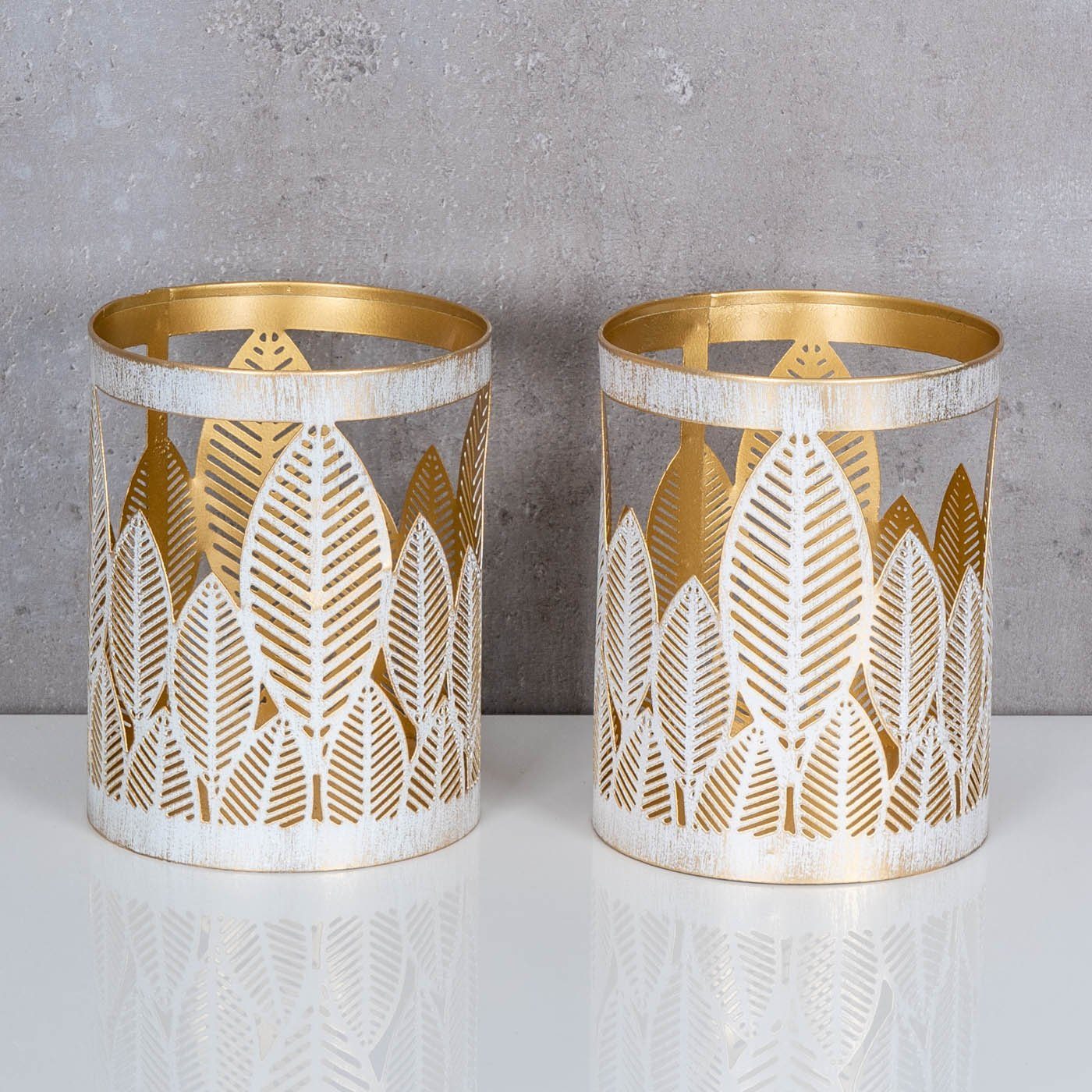 Windlicht Metall Gold Teelichthalter, Levandeo® Weiß/Gold Teelichthalter 10x13cm Weiß 2er Blattdekor Set