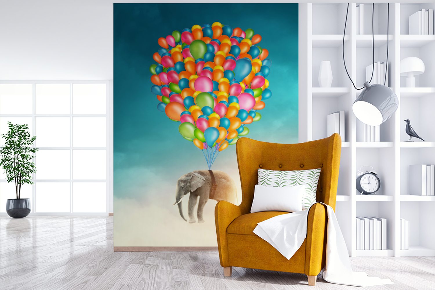 bedruckt, Vinyl Elefant MuchoWow Luftballons Wohnzimmer, - für Matt, Wandtapete Fototapete Tapete Farben, Montagefertig (4 - St),