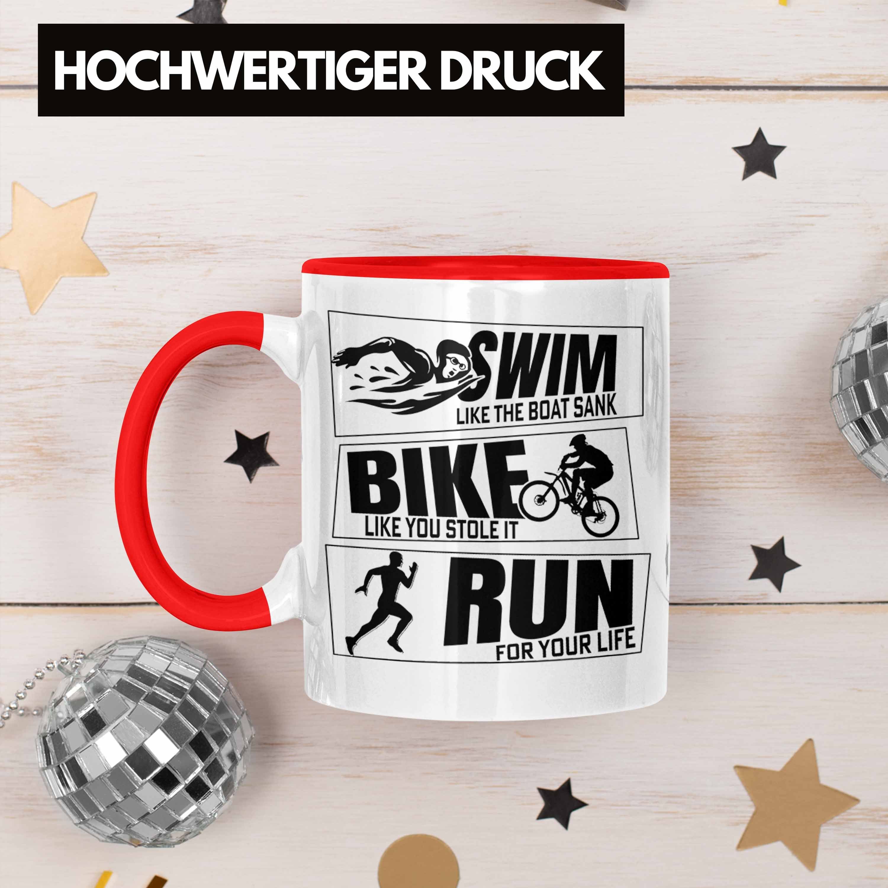 Bike Sportl für Triathlon Swim Geschenk Geschenkidee Run Spruch Tasse Tasse Rot Trendation