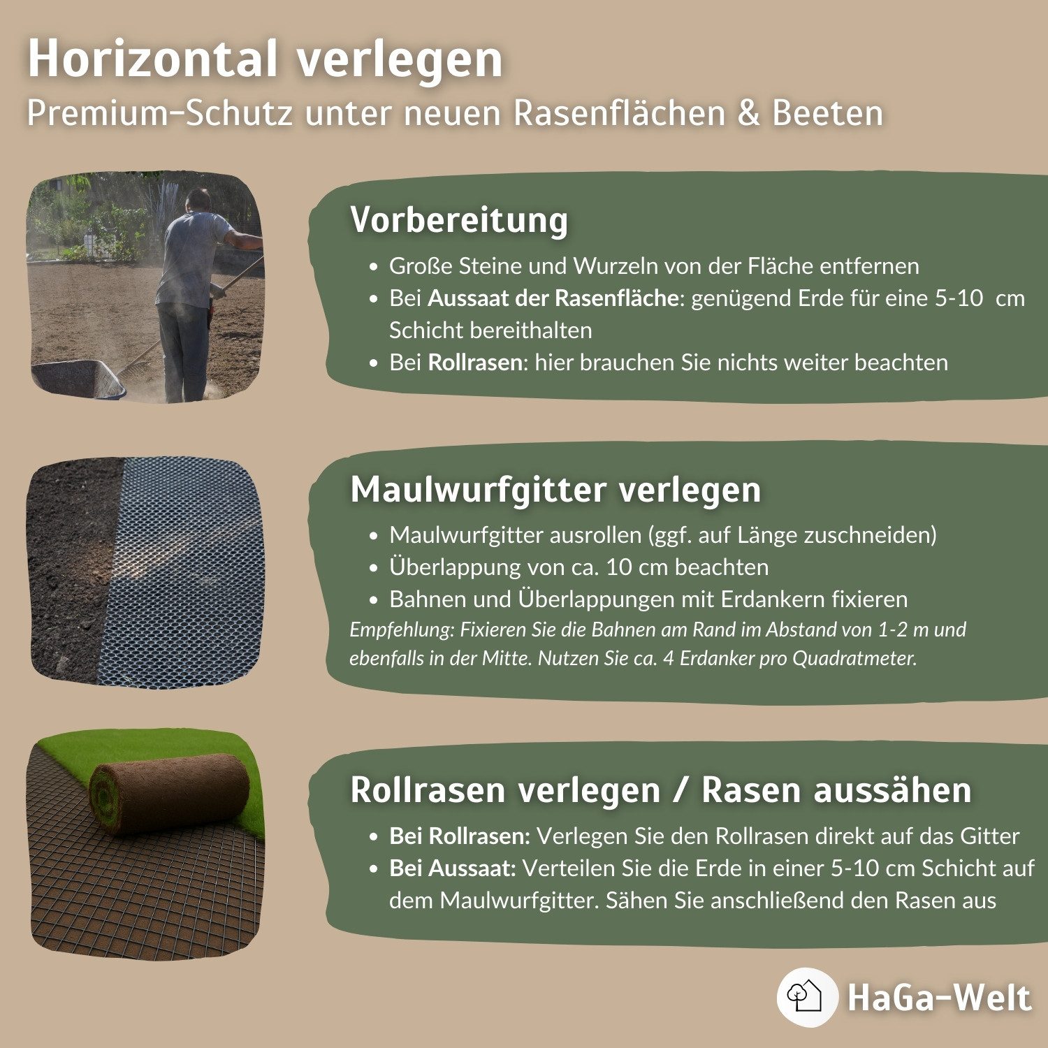 HaGa Maulwurfgitter HaGa Premium Maulwurfsperre 2 m Br. 7 mm Masche tierfreundliche, Maulwurfschutzgitter, UV-beständig, Maulwurfbekämpfung, Rasenschutz