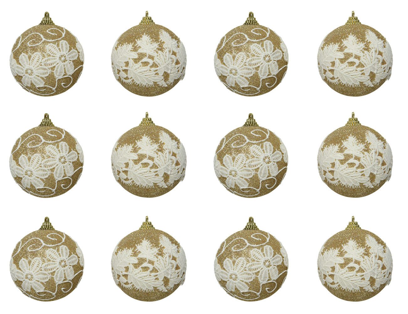 Kaemingk Weihnachtsbaumkugel, Weihnachtskugeln Kunststoff mit Spitze 8cm champagner / gold, 12er Set